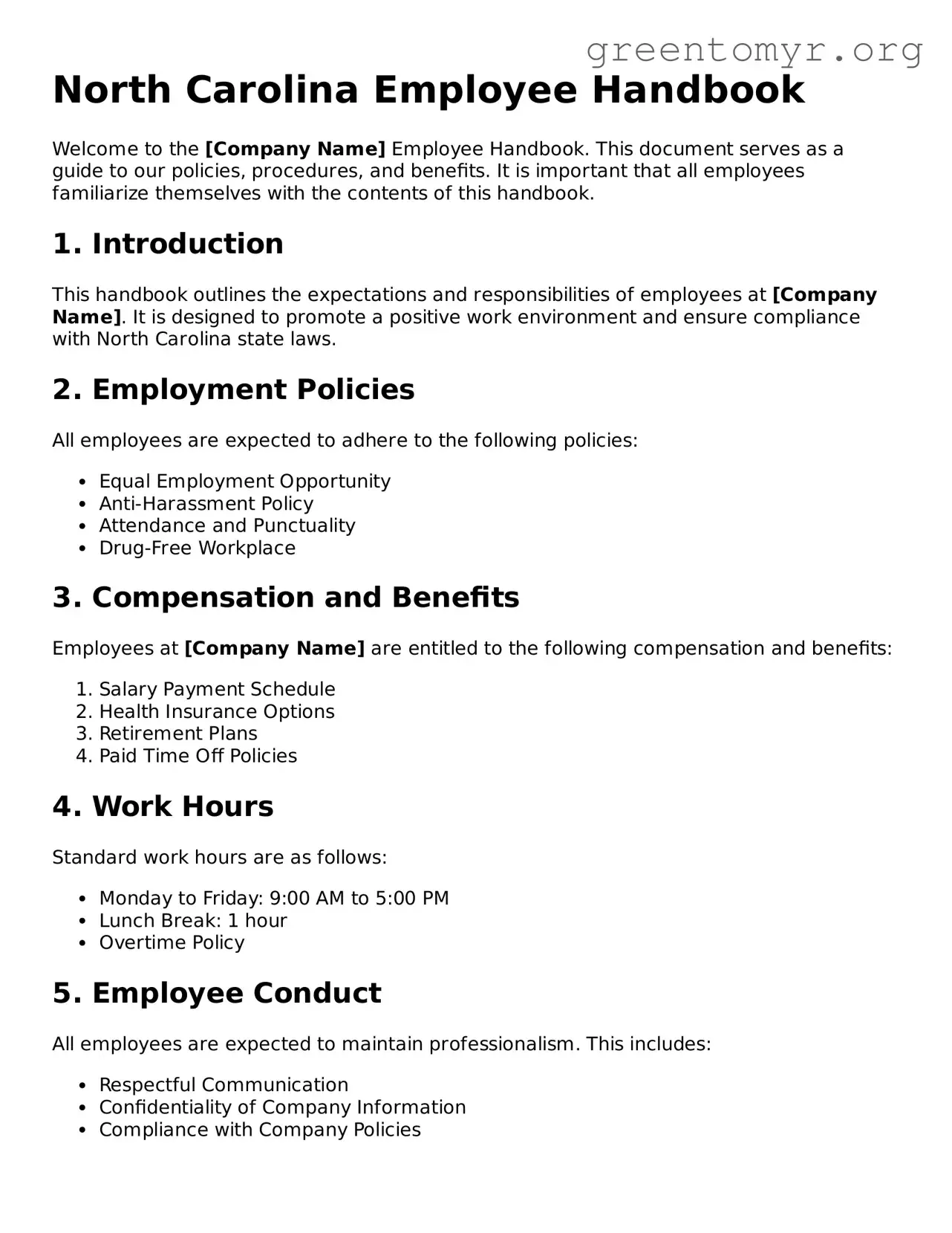 Employee Handbook Form for the State of North Carolina