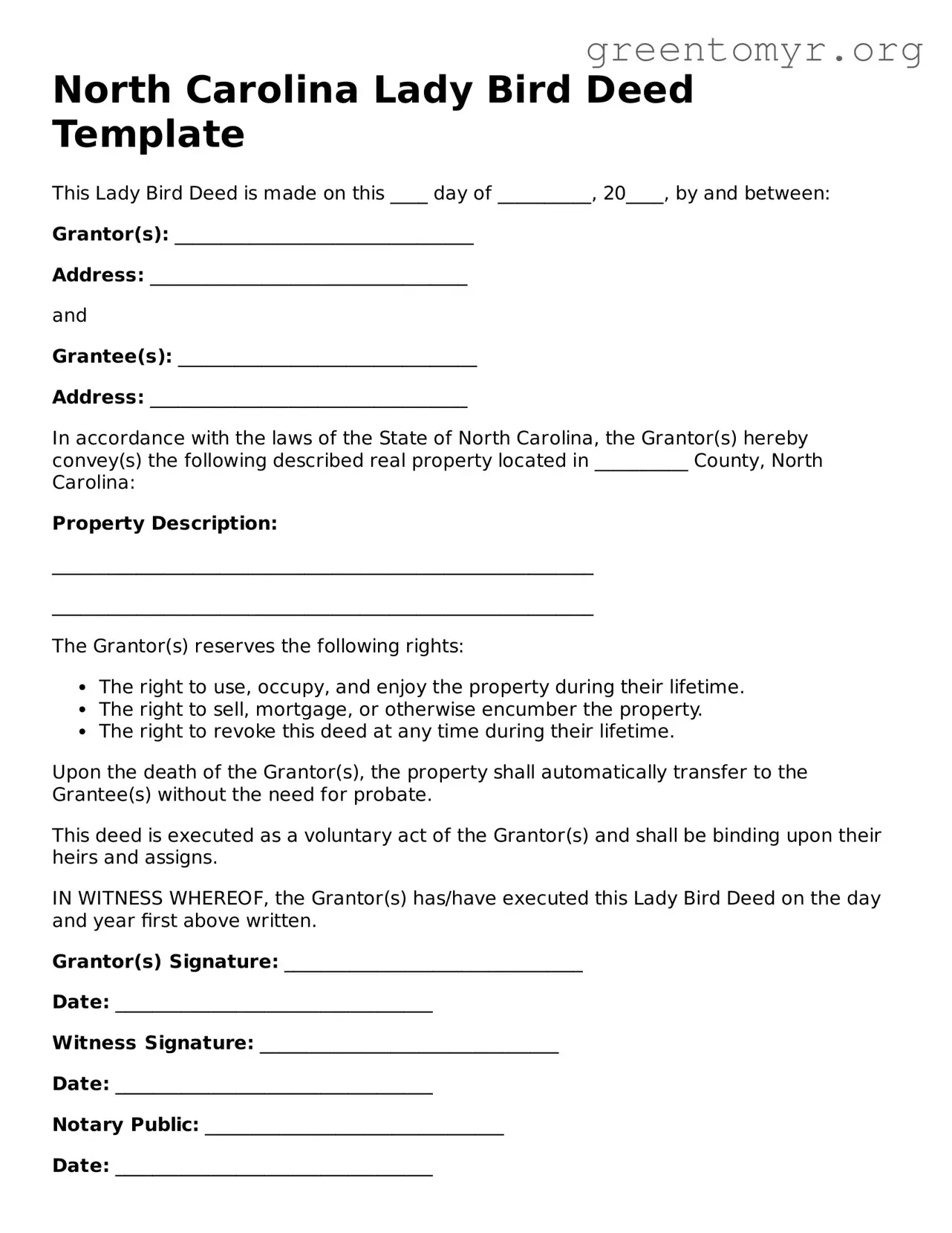 Lady Bird Deed Form for the State of North Carolina
