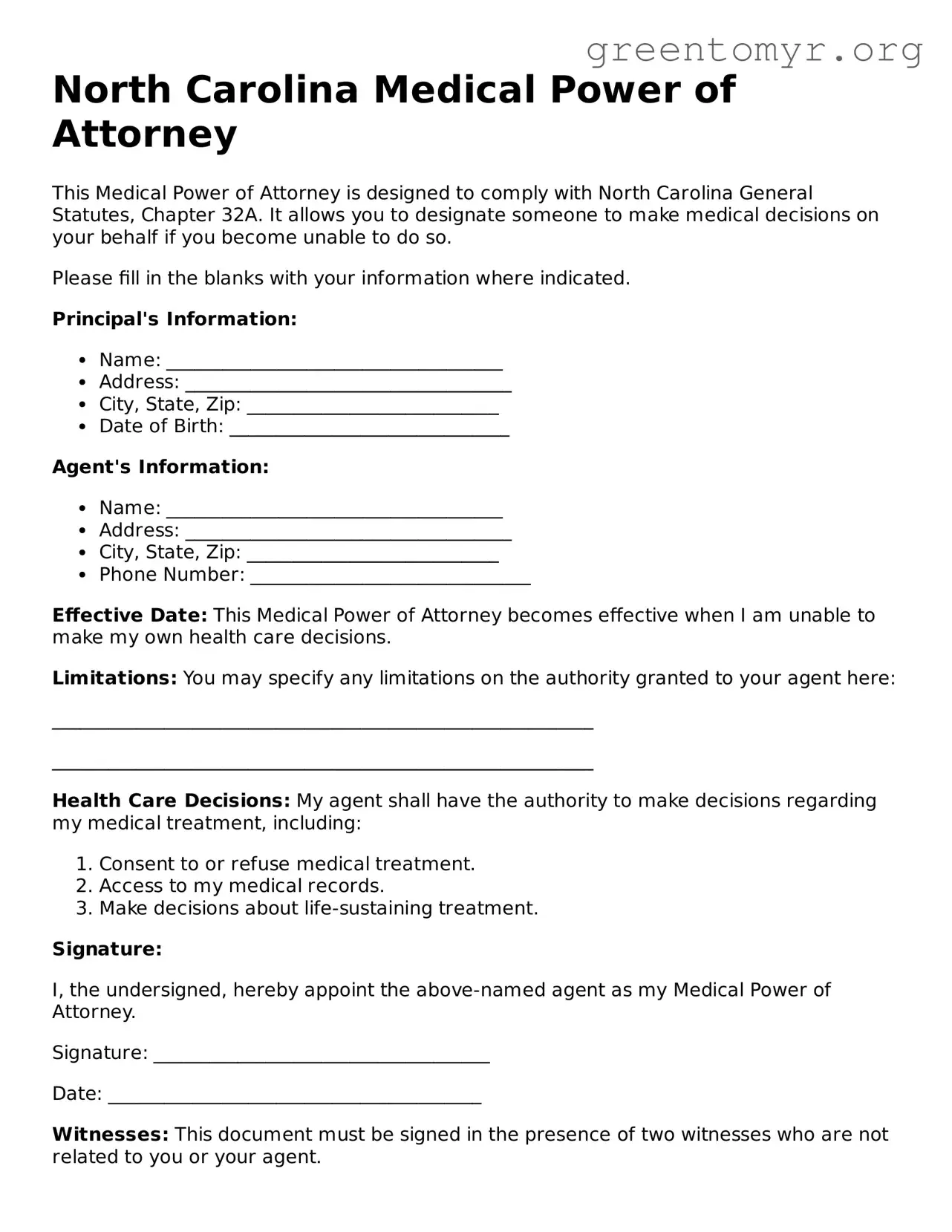 Medical Power of Attorney Form for the State of North Carolina