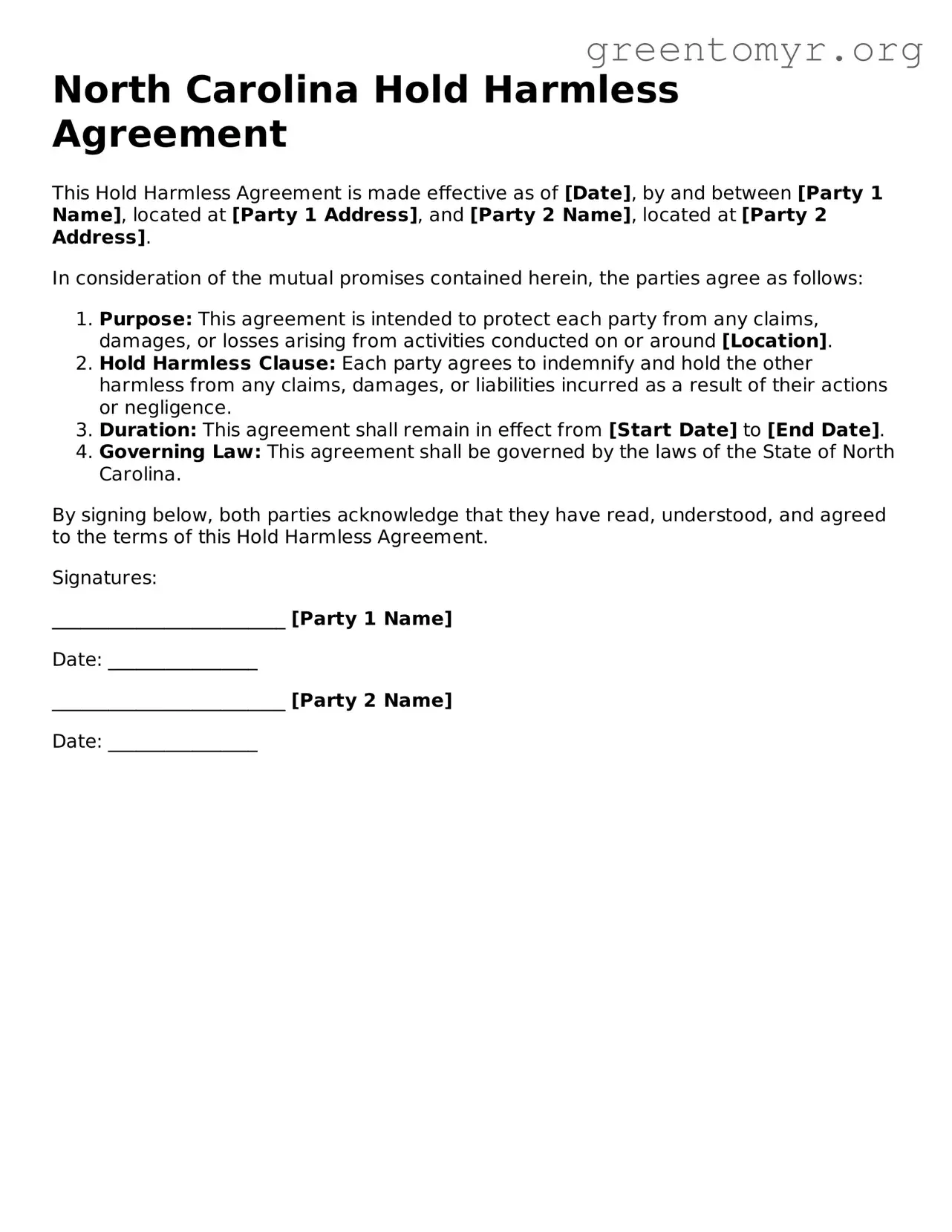 Hold Harmless Agreement Form for the State of North Carolina