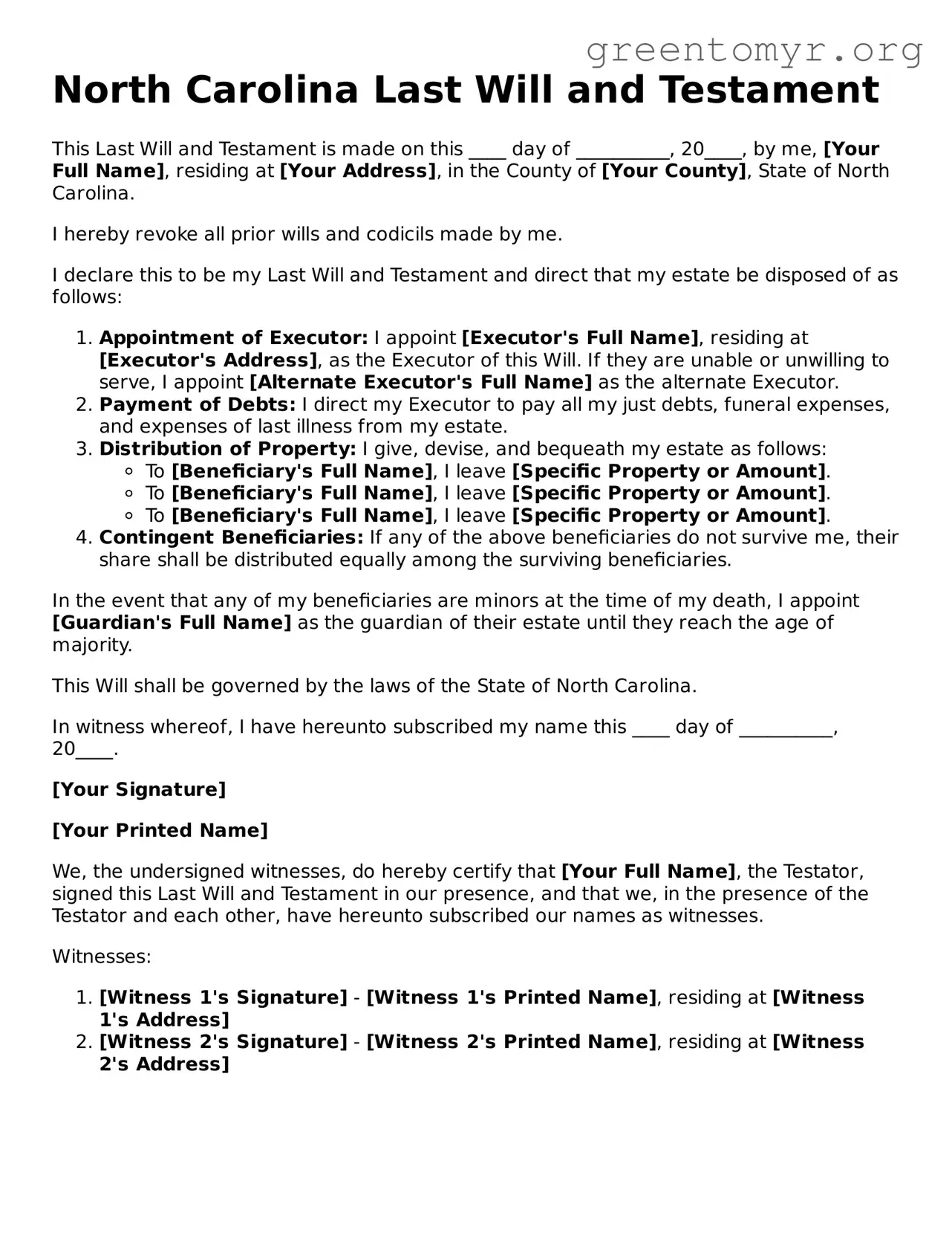Last Will and Testament Form for the State of North Carolina
