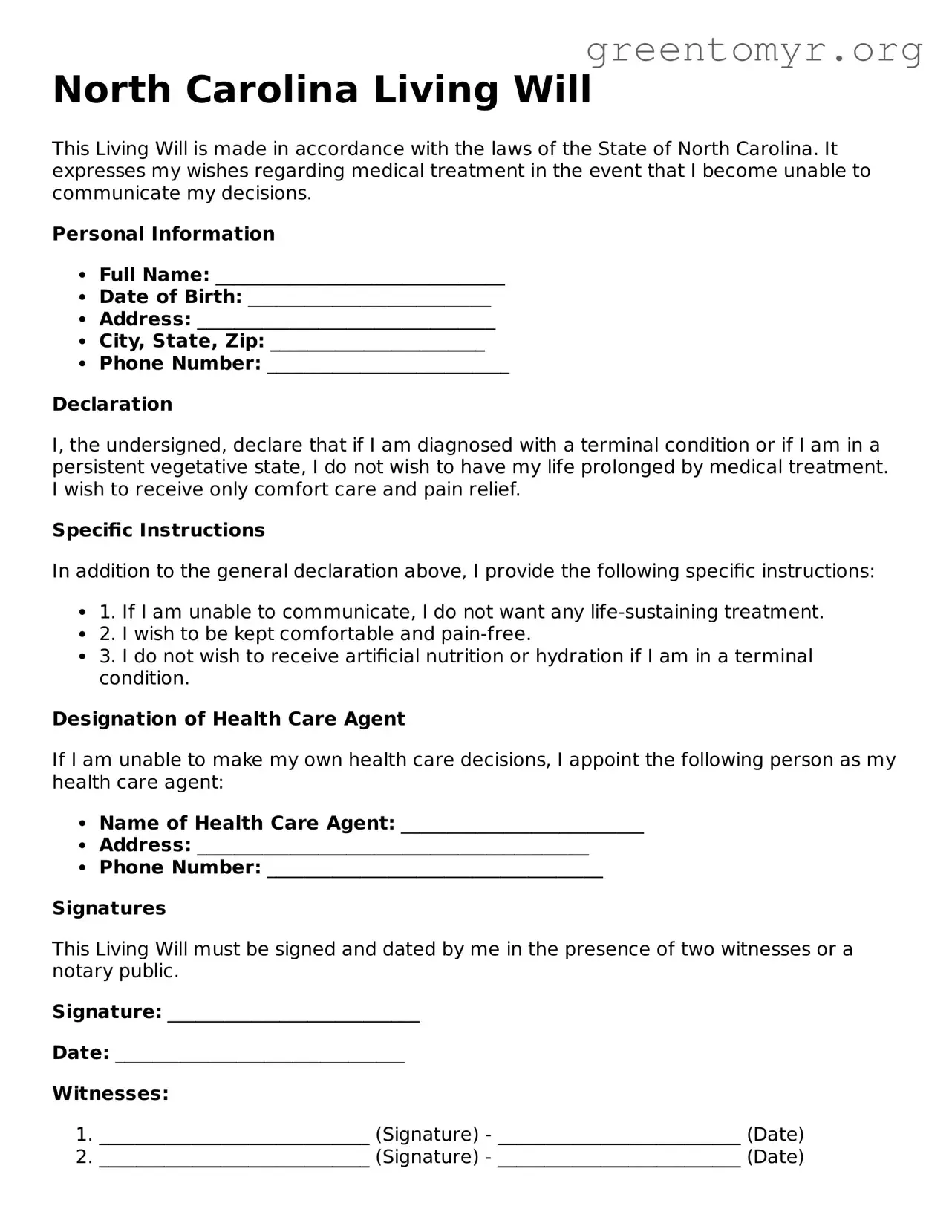 Living Will Form for the State of North Carolina