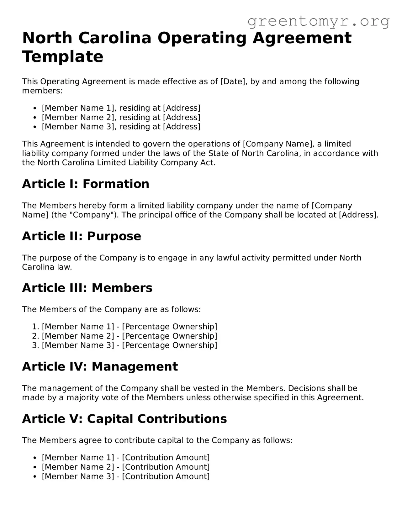 Operating Agreement Form for the State of North Carolina