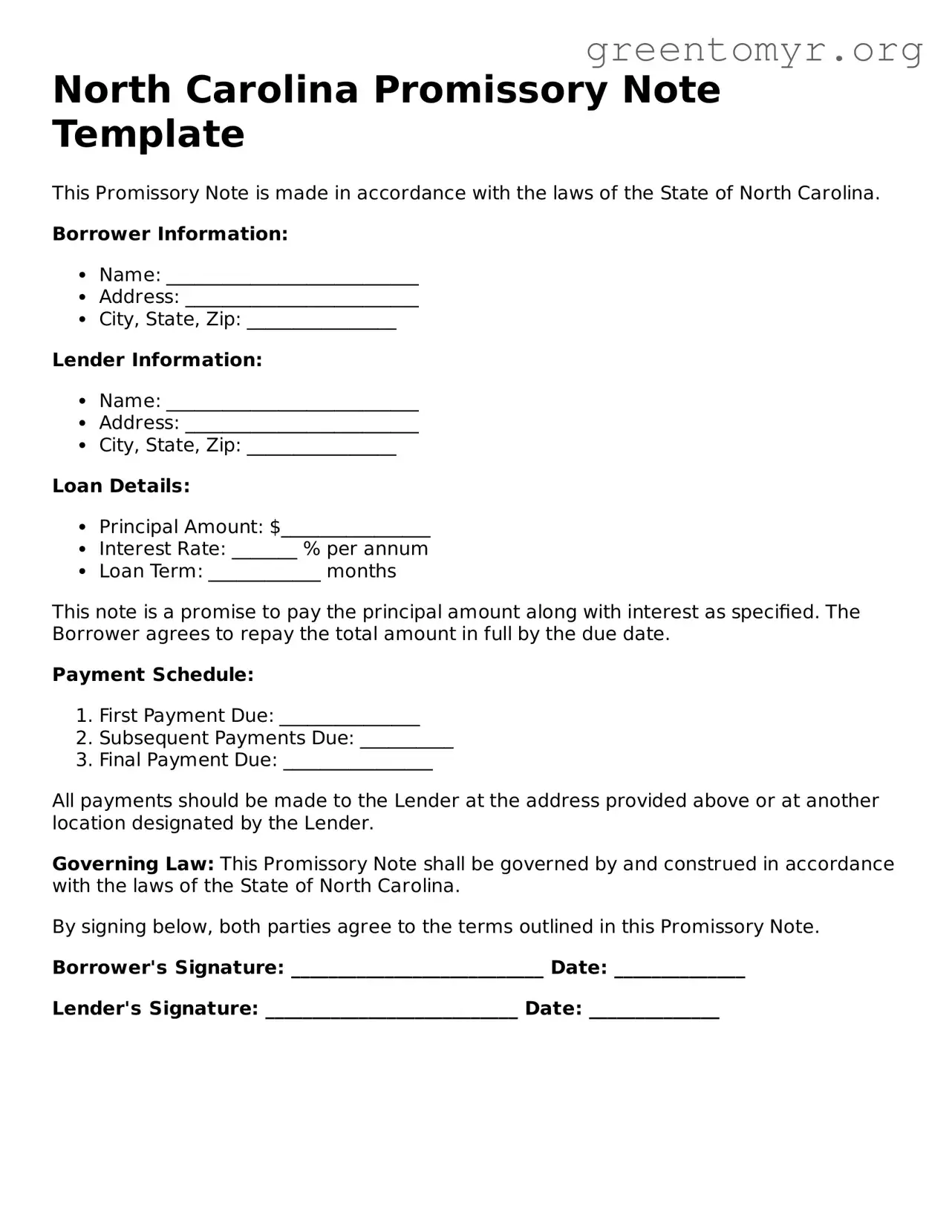 Promissory Note Form for the State of North Carolina