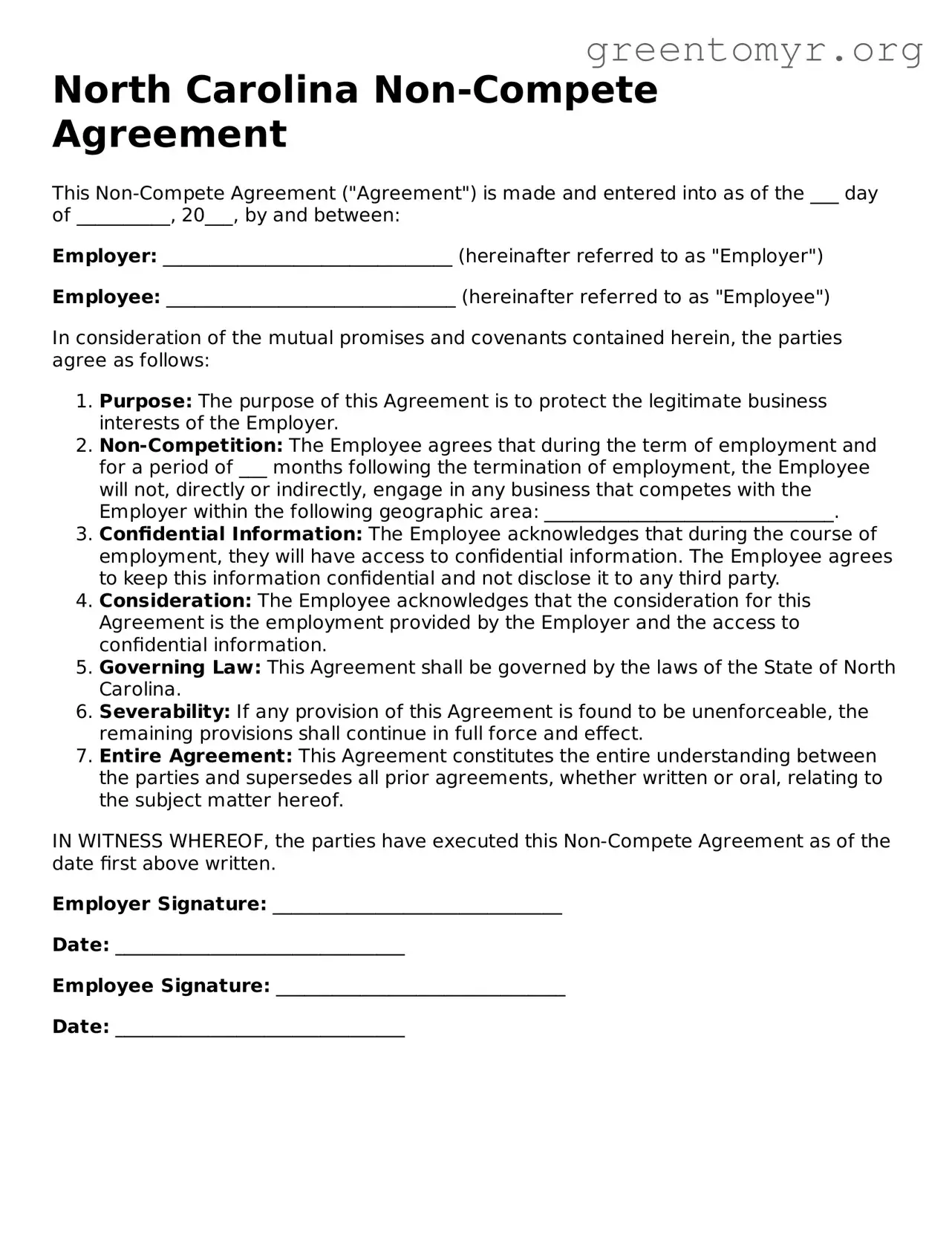 Non-compete Agreement Form for the State of North Carolina