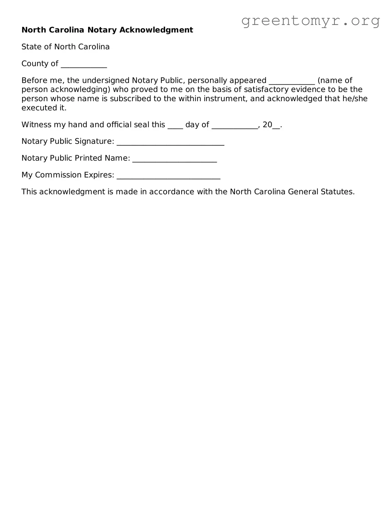 Notary Acknowledgement Form for the State of North Carolina