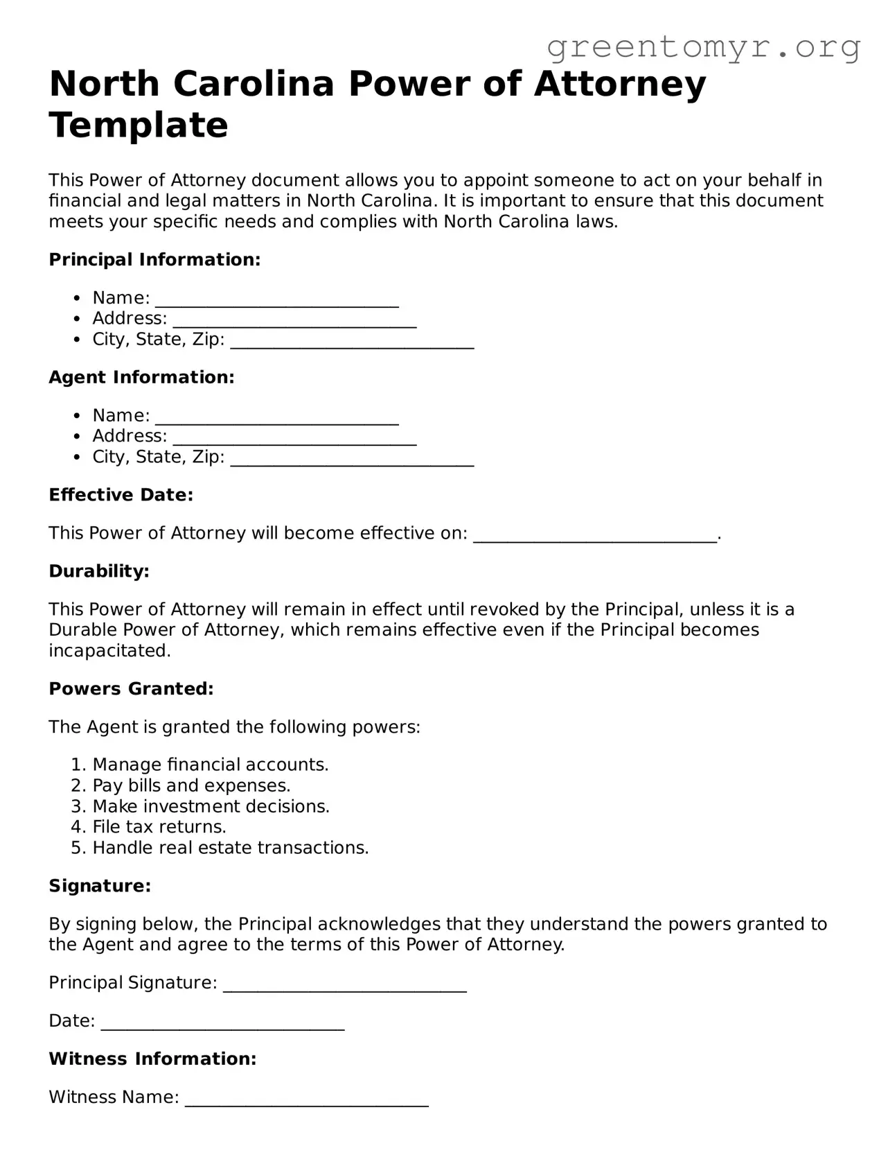 Power of Attorney Form for the State of North Carolina
