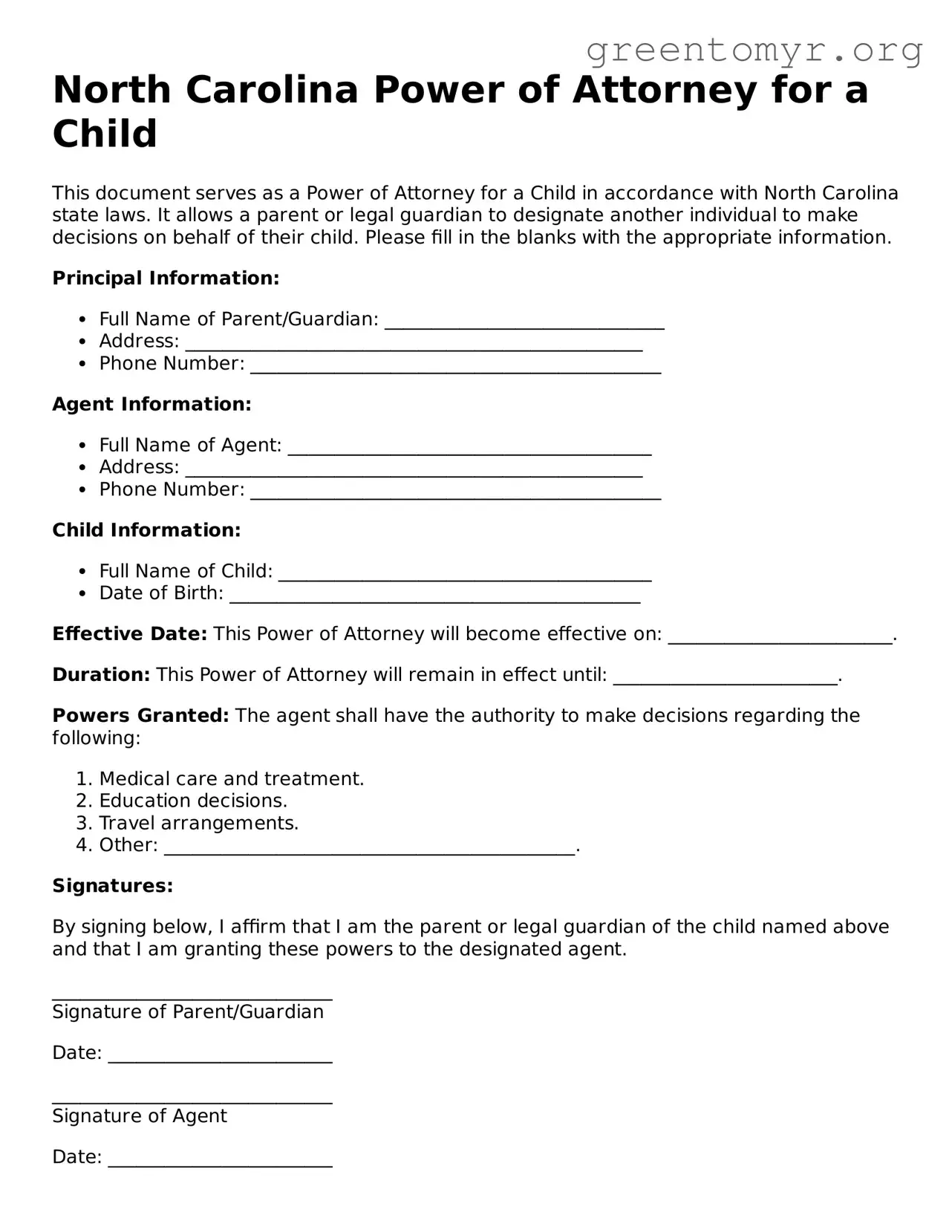 Power of Attorney for a Child Form for the State of North Carolina