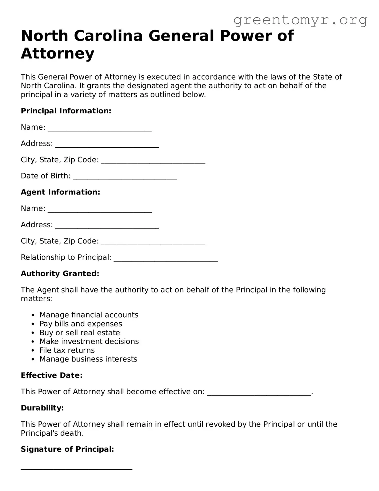 General Power of Attorney Form for the State of North Carolina