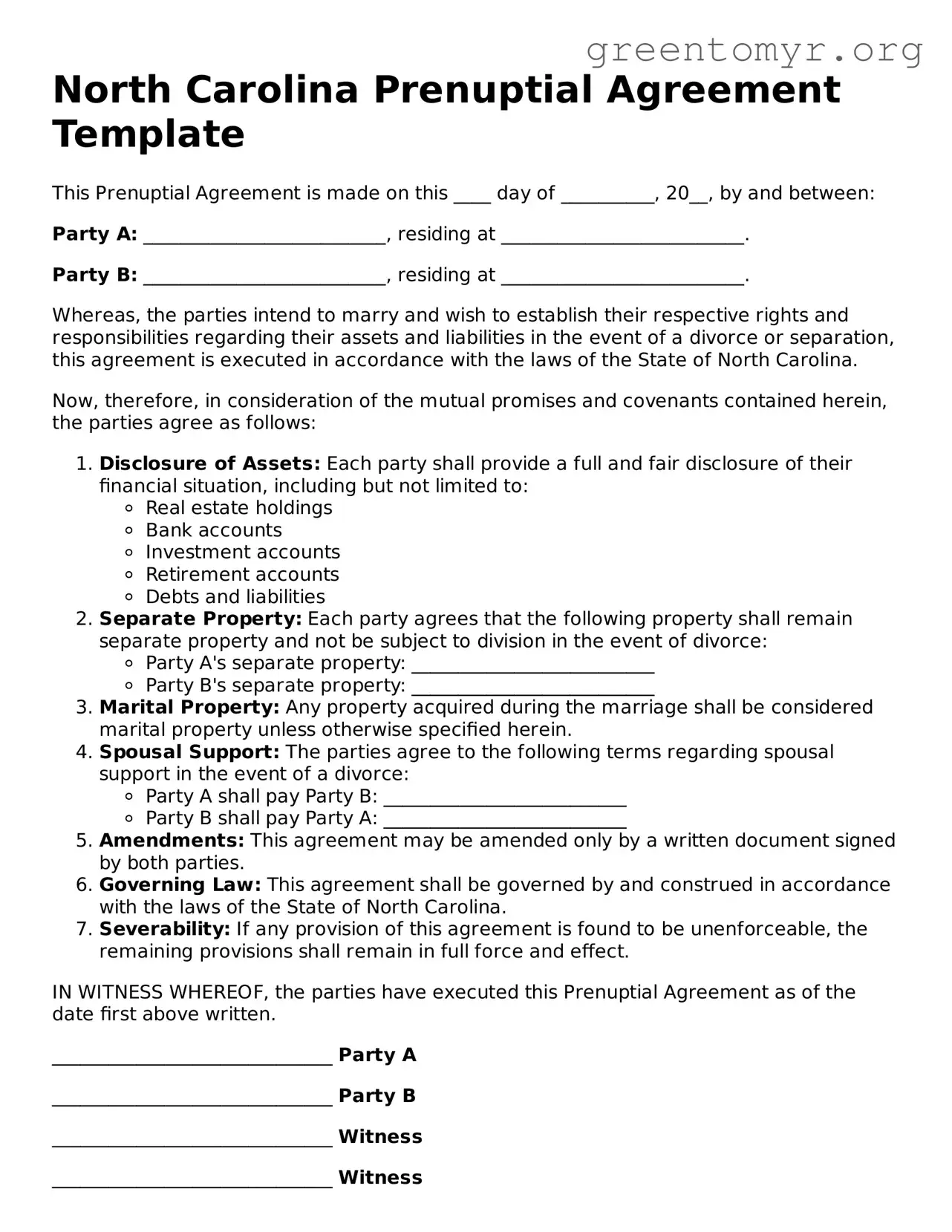 Prenuptial Agreement Form for the State of North Carolina