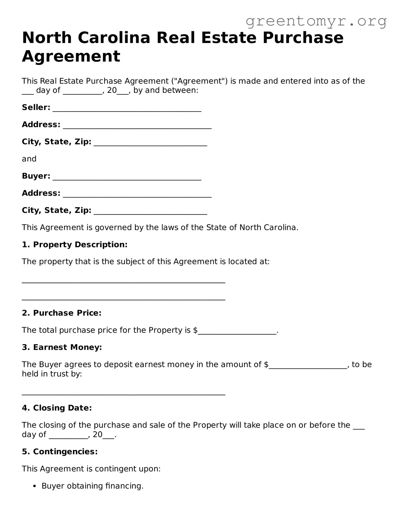 Real Estate Purchase Agreement Form for the State of North Carolina