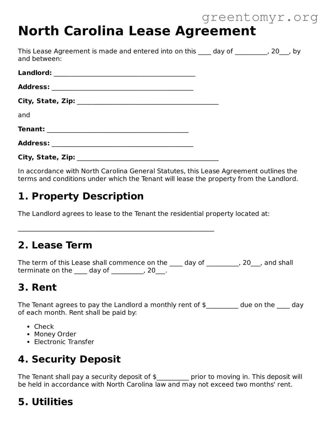 Lease Agreement Form for the State of North Carolina