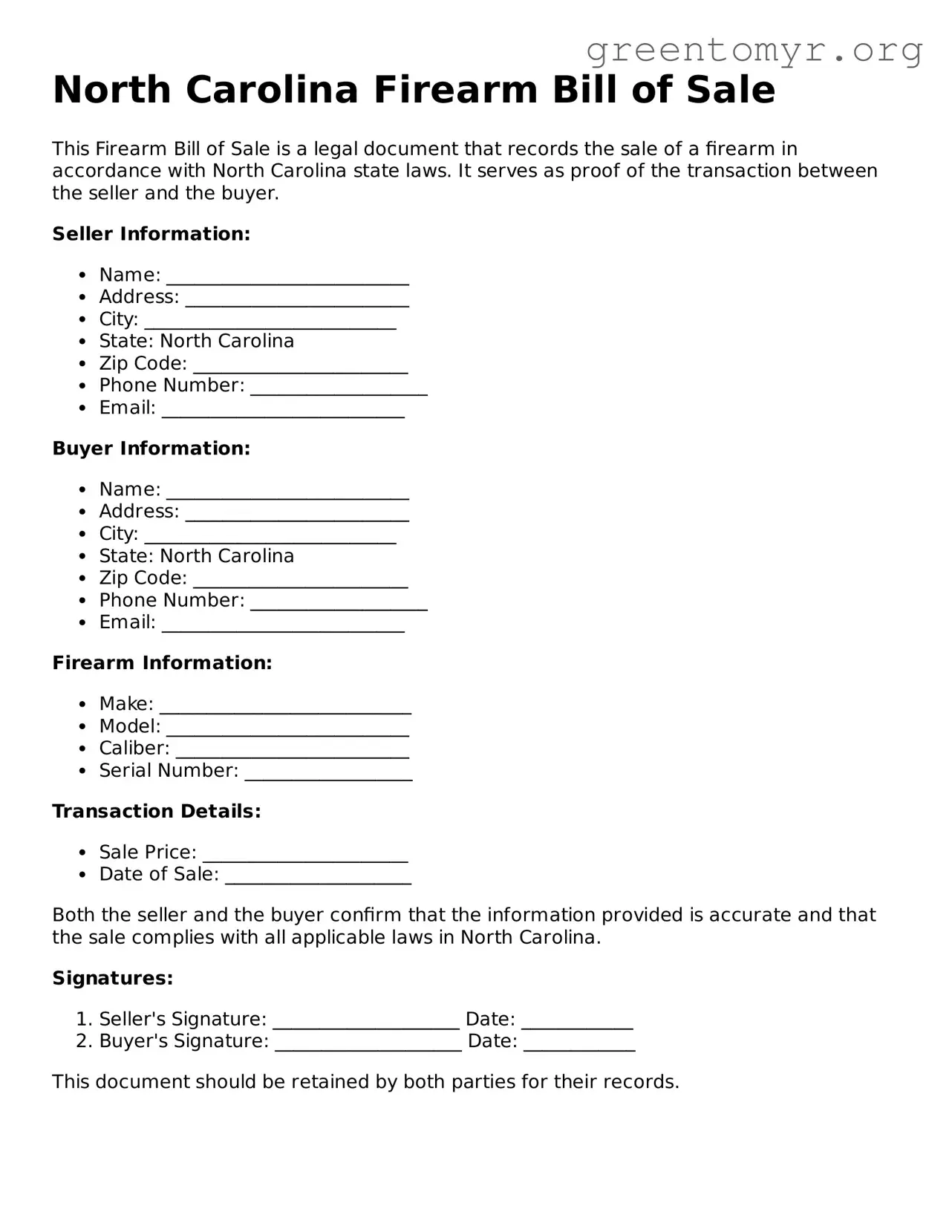 Firearm Bill of Sale Form for the State of North Carolina