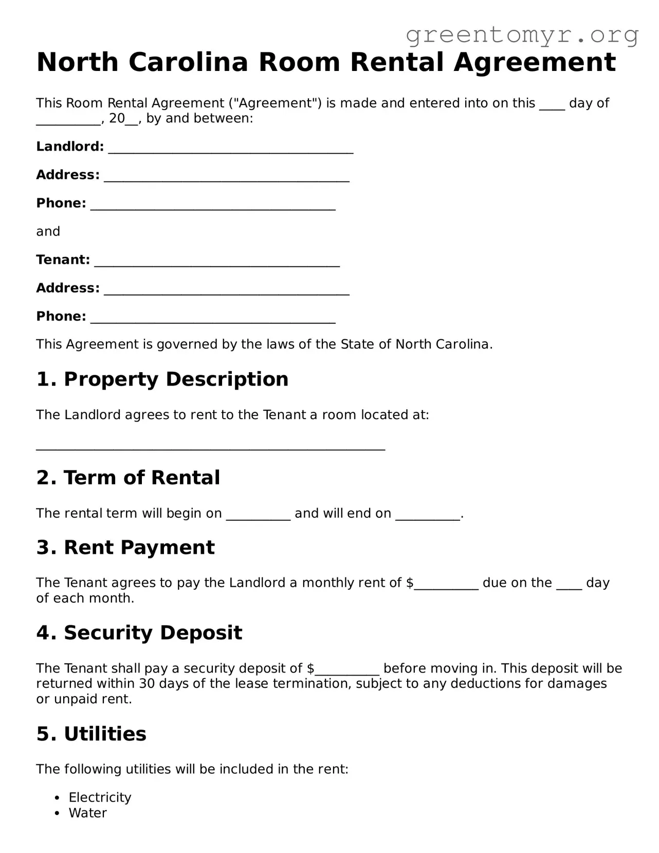 Room Rental Agreement Form for the State of North Carolina