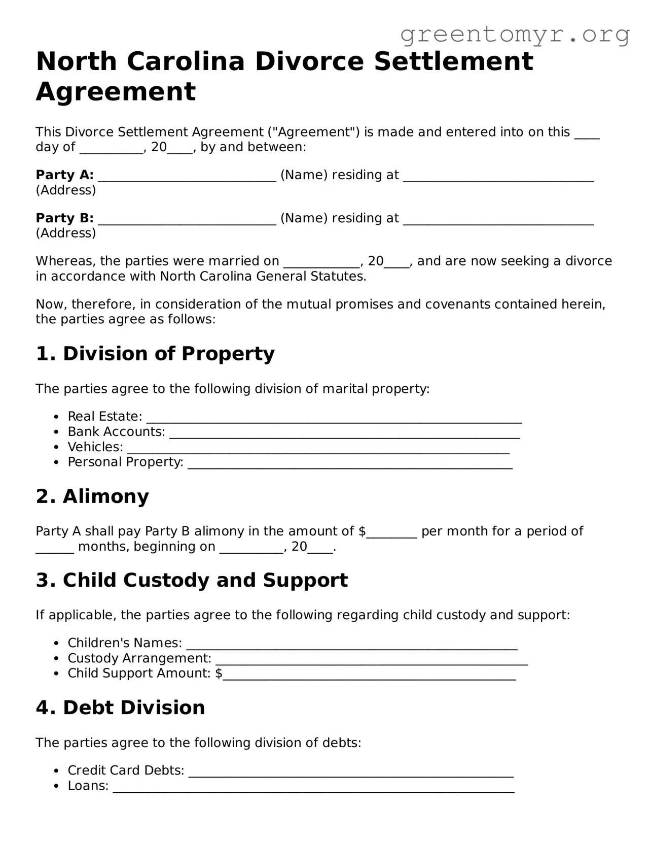 Divorce Settlement Agreement Form for the State of North Carolina