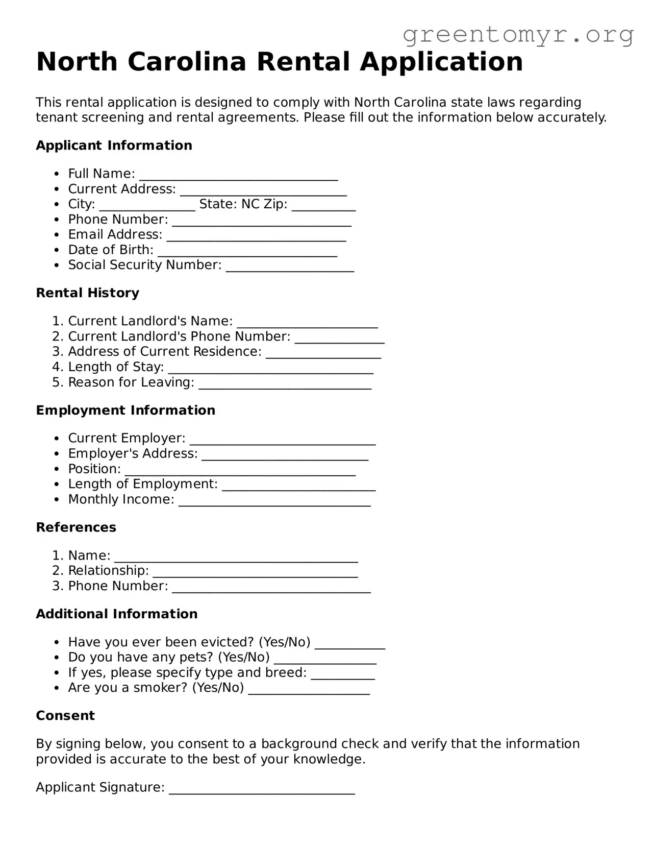 Rental Application Form for the State of North Carolina