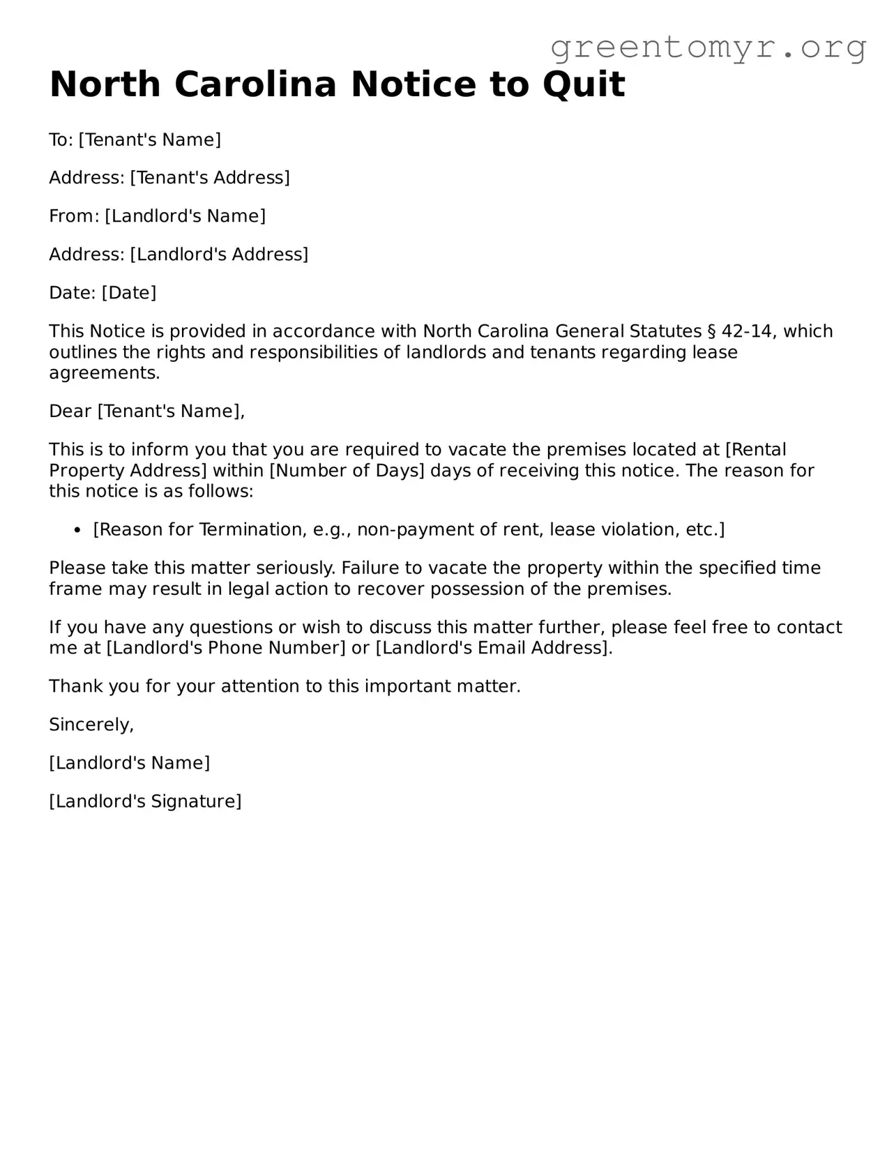 Notice to Quit Form for the State of North Carolina