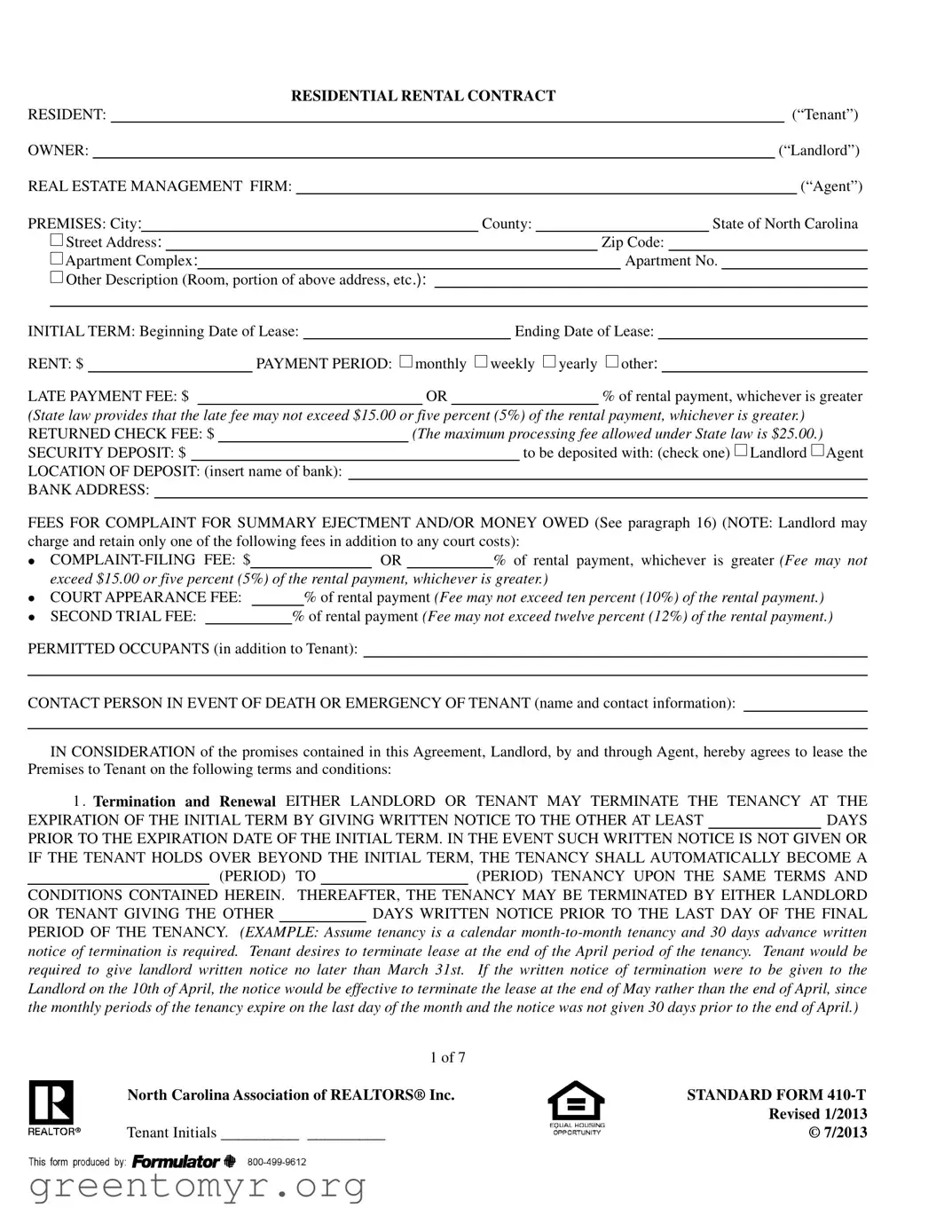 Fill in a Valid Nc Residential Rental Contract 410 T Template