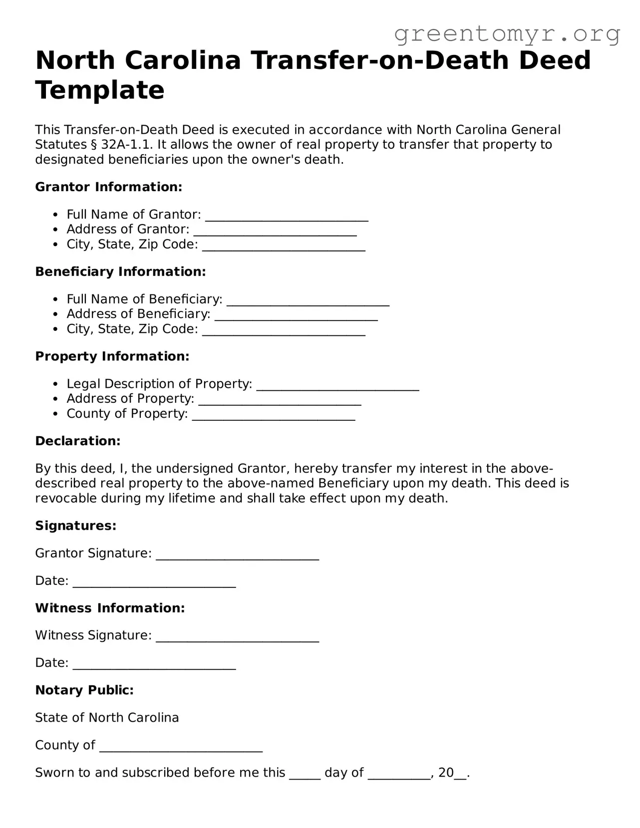 Transfer-on-Death Deed Form for the State of North Carolina