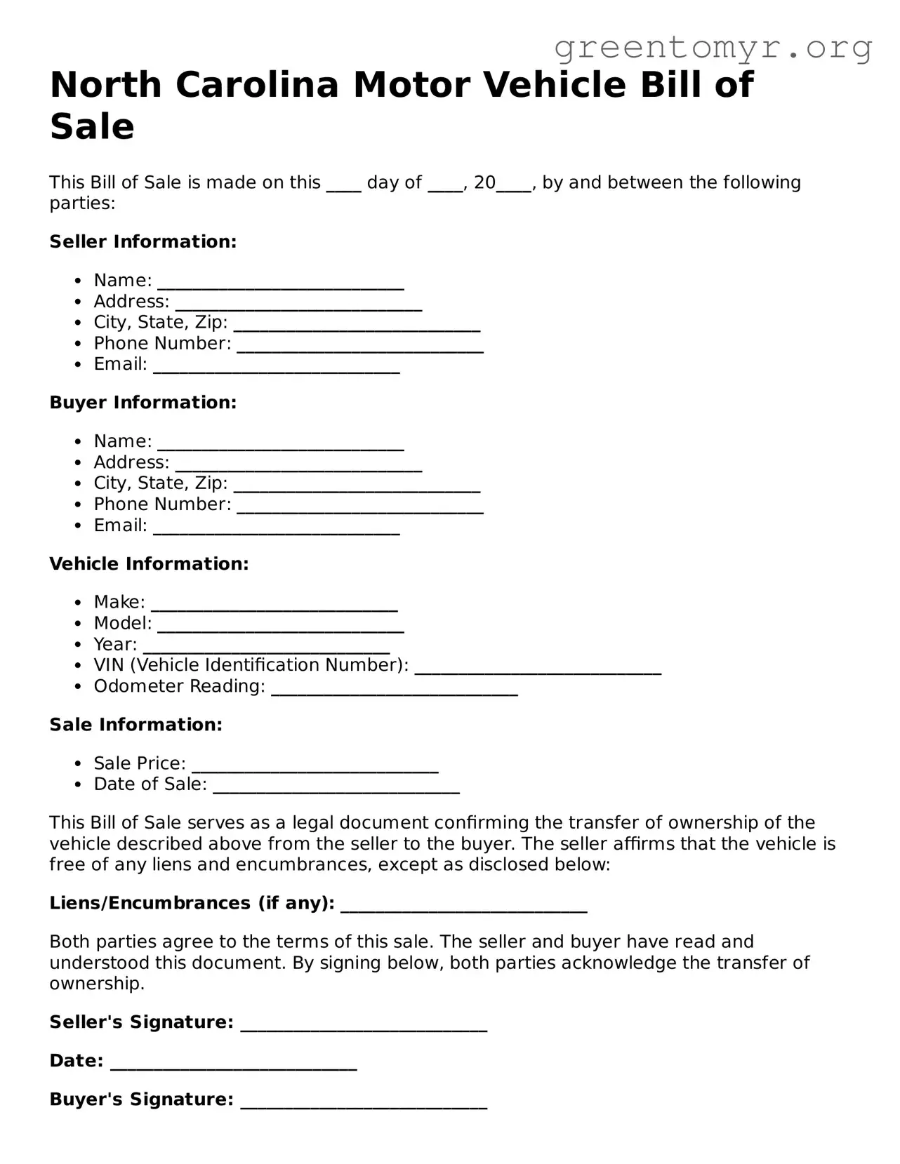 Motor Vehicle Bill of Sale Form for the State of North Carolina