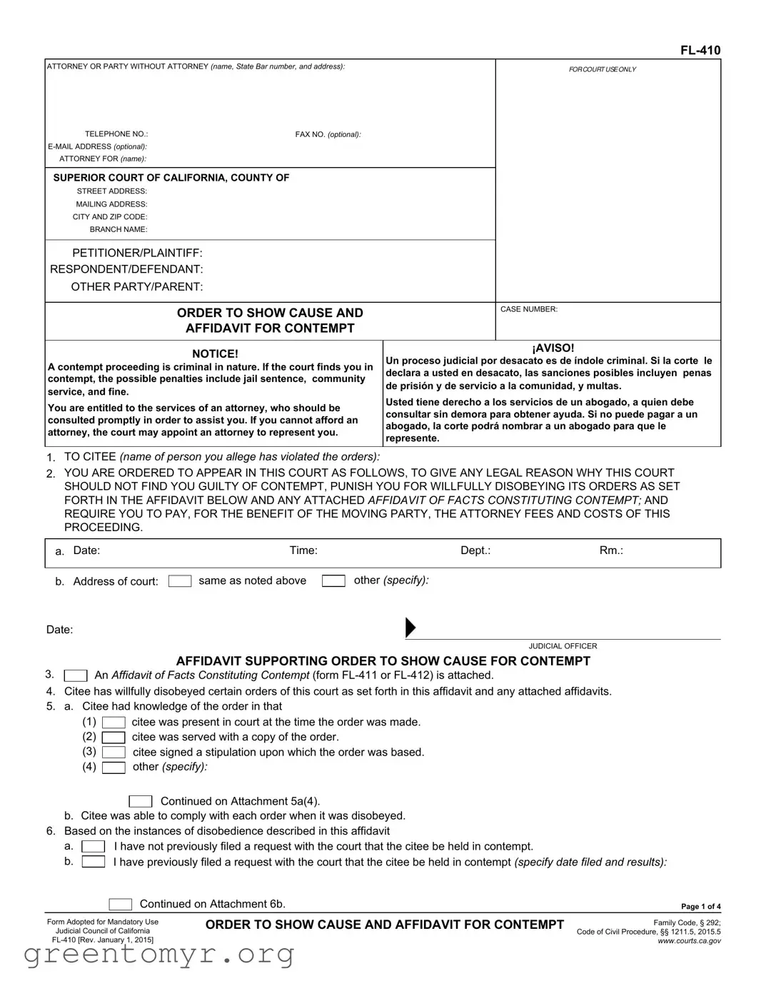 Fill in a Valid Contempt Fl 410 Template