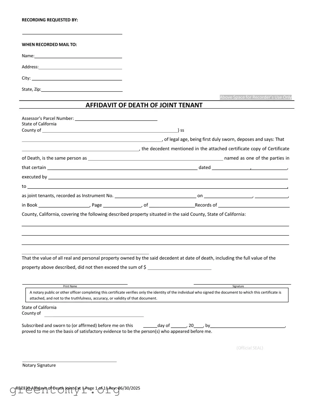 Fill in a Valid California Death of a Joint Tenant Affidavit Template