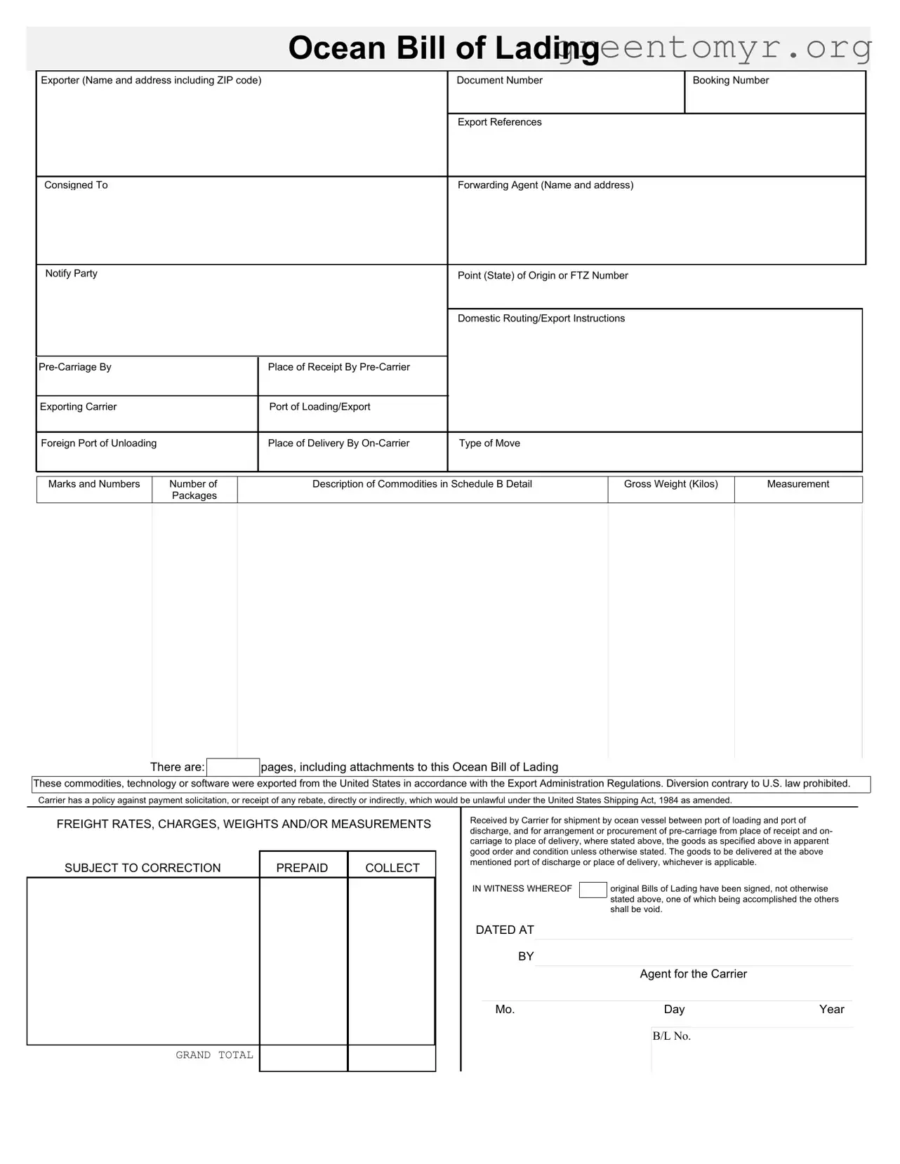 Fill in a Valid Sample Ocean Bill Of Lading Template