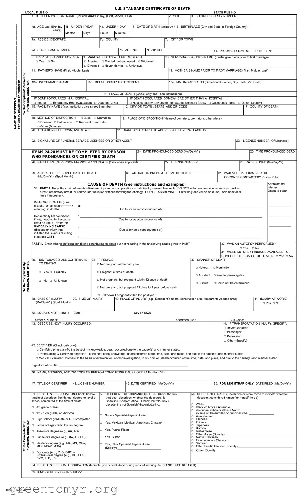 Fill in a Valid CDC U.S. Standard Certificate of Death Template