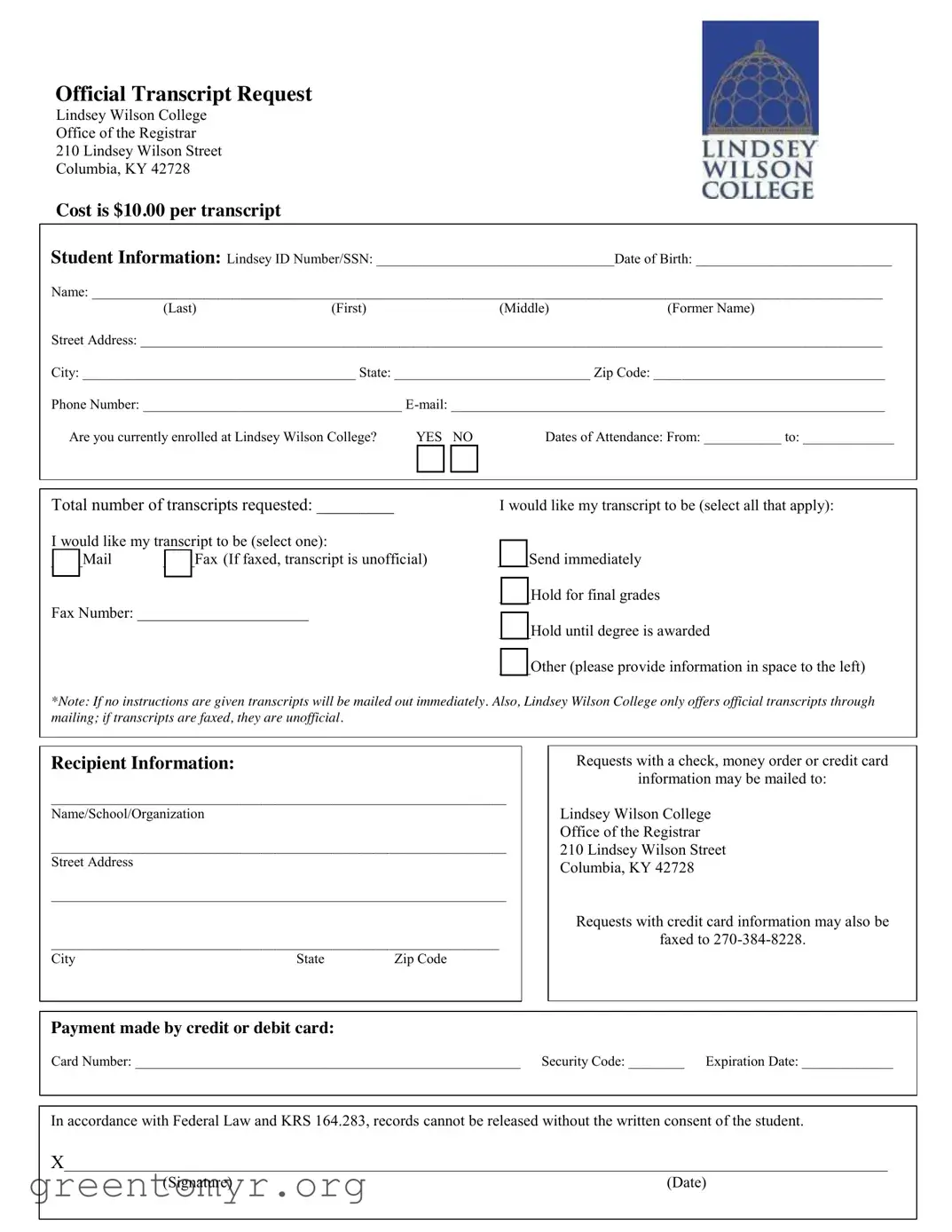 Fill in a Valid Lindsey Wilson College Transcript Request Template