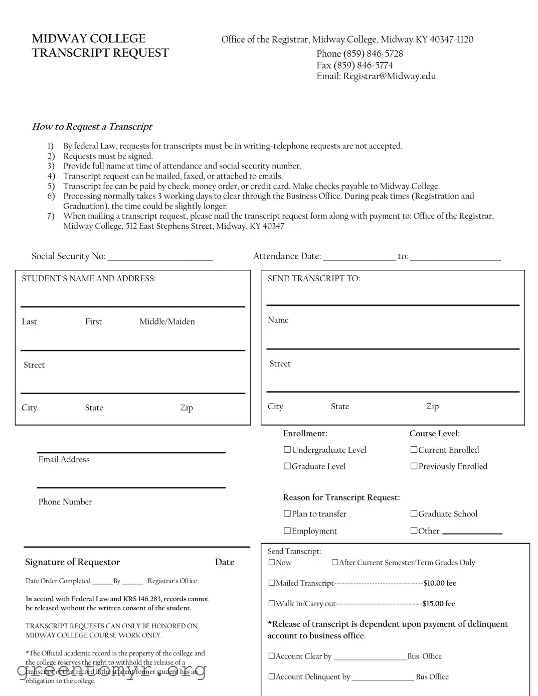 Fill in a Valid Midway College Transcript Request Template