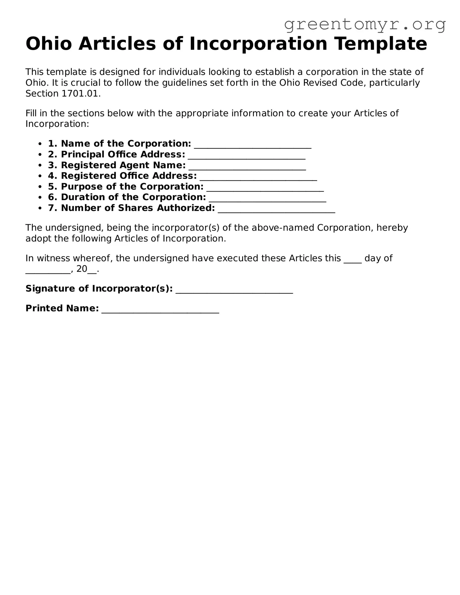Articles of Incorporation Form for the State of Ohio