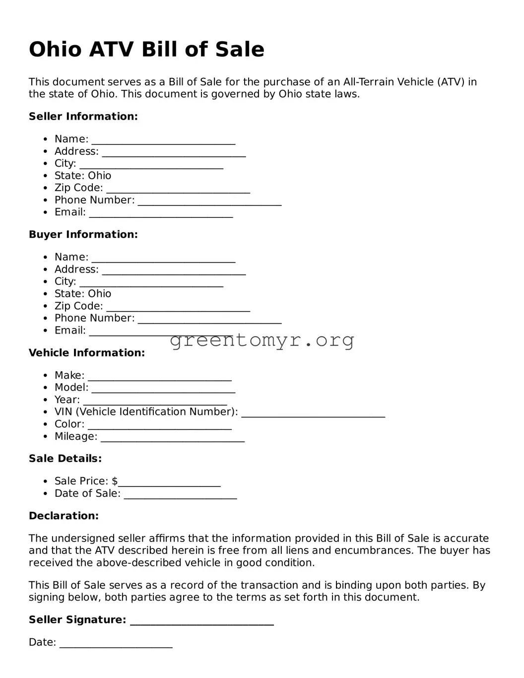 ATV Bill of Sale Form for the State of Ohio