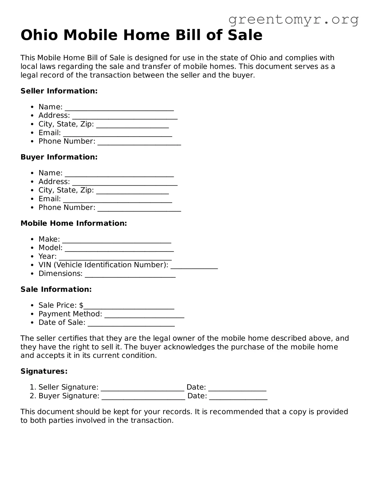 Mobile Home Bill of Sale Form for the State of Ohio