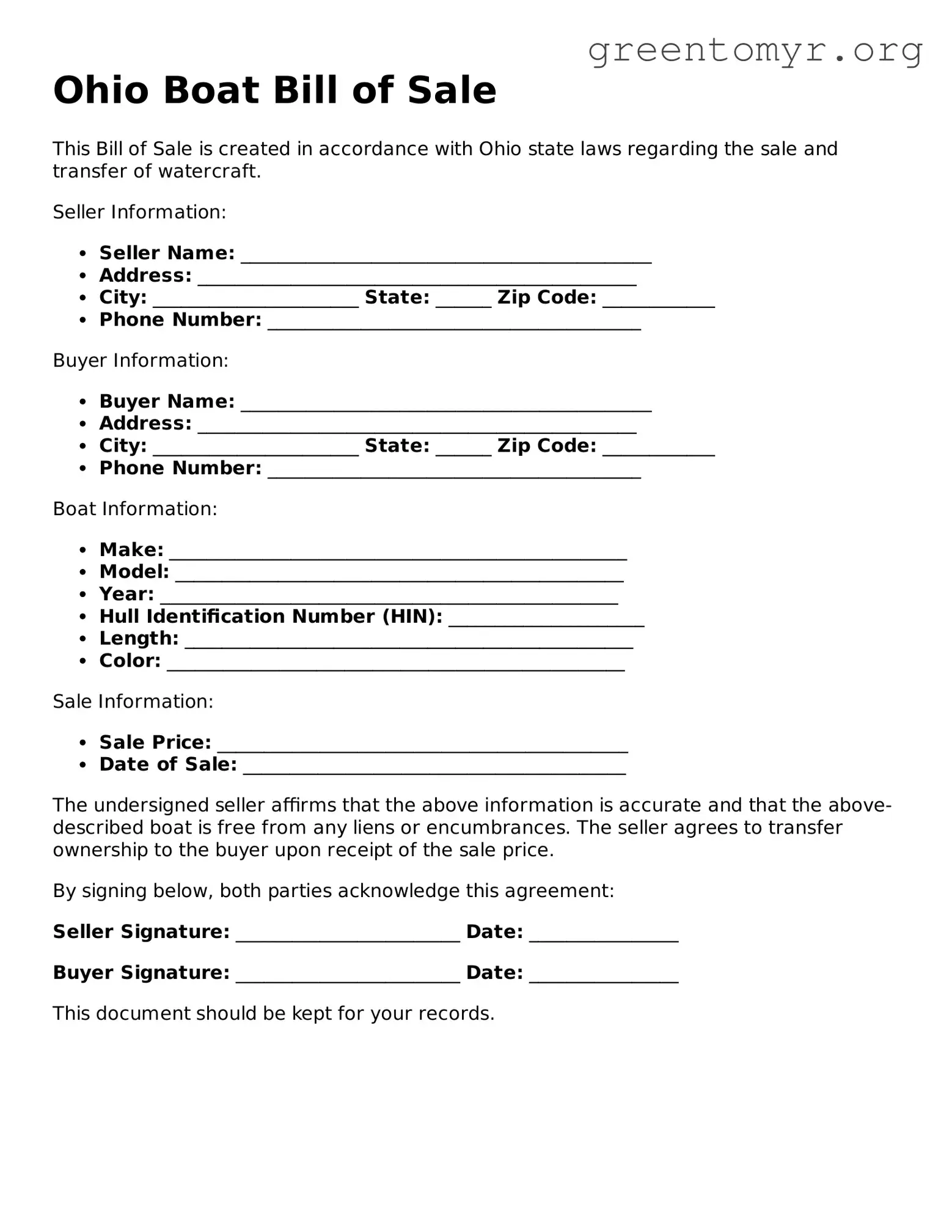 Boat Bill of Sale Form for the State of Ohio