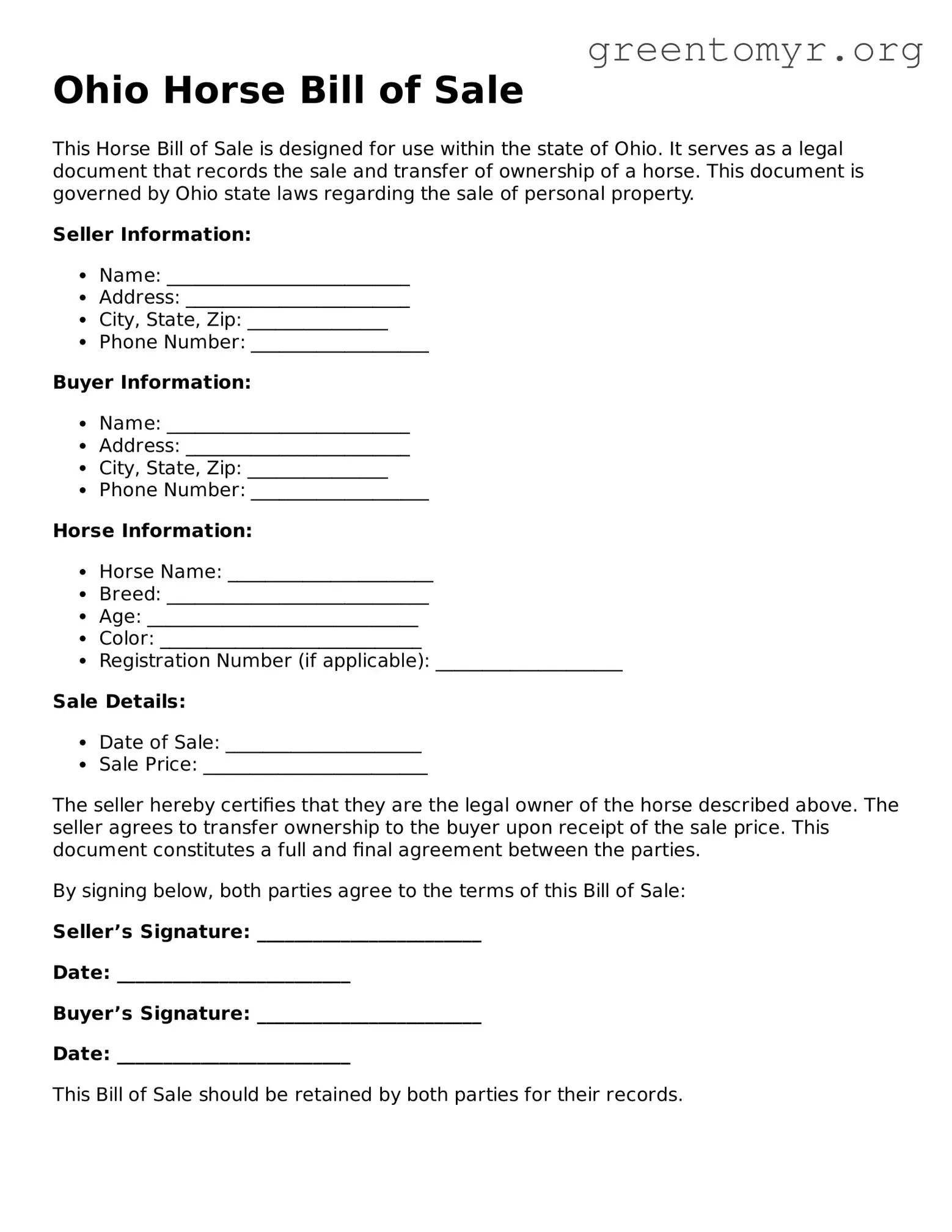 Horse Bill of Sale Form for the State of Ohio