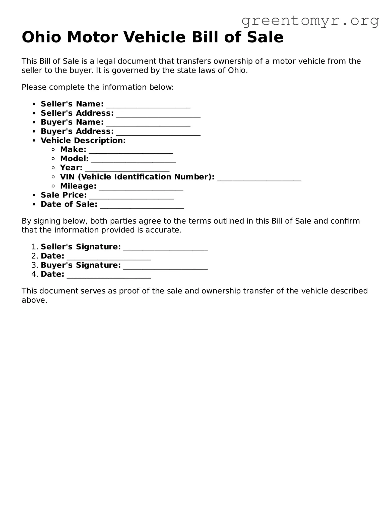 Motor Vehicle Bill of Sale Form for the State of Ohio