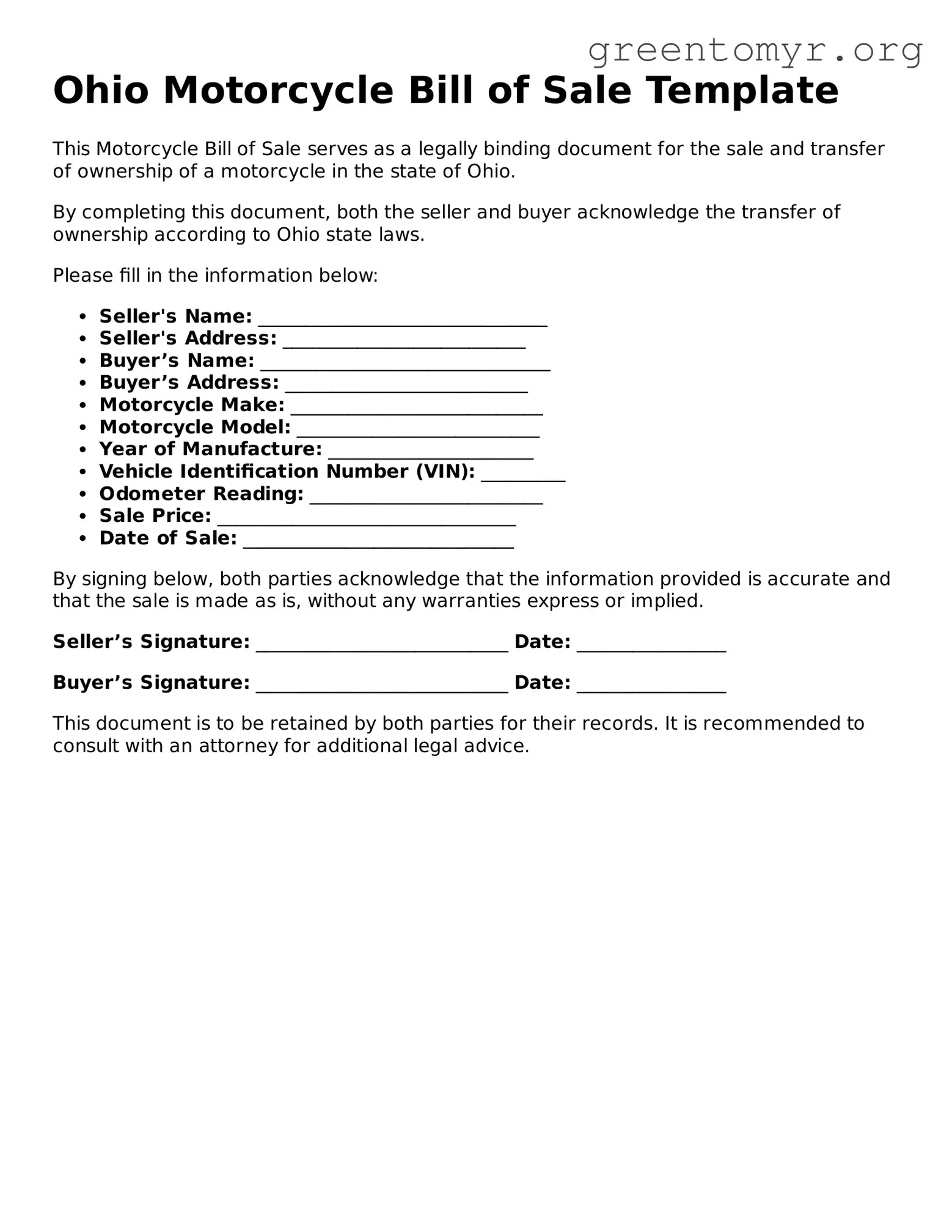 Motorcycle Bill of Sale Form for the State of Ohio