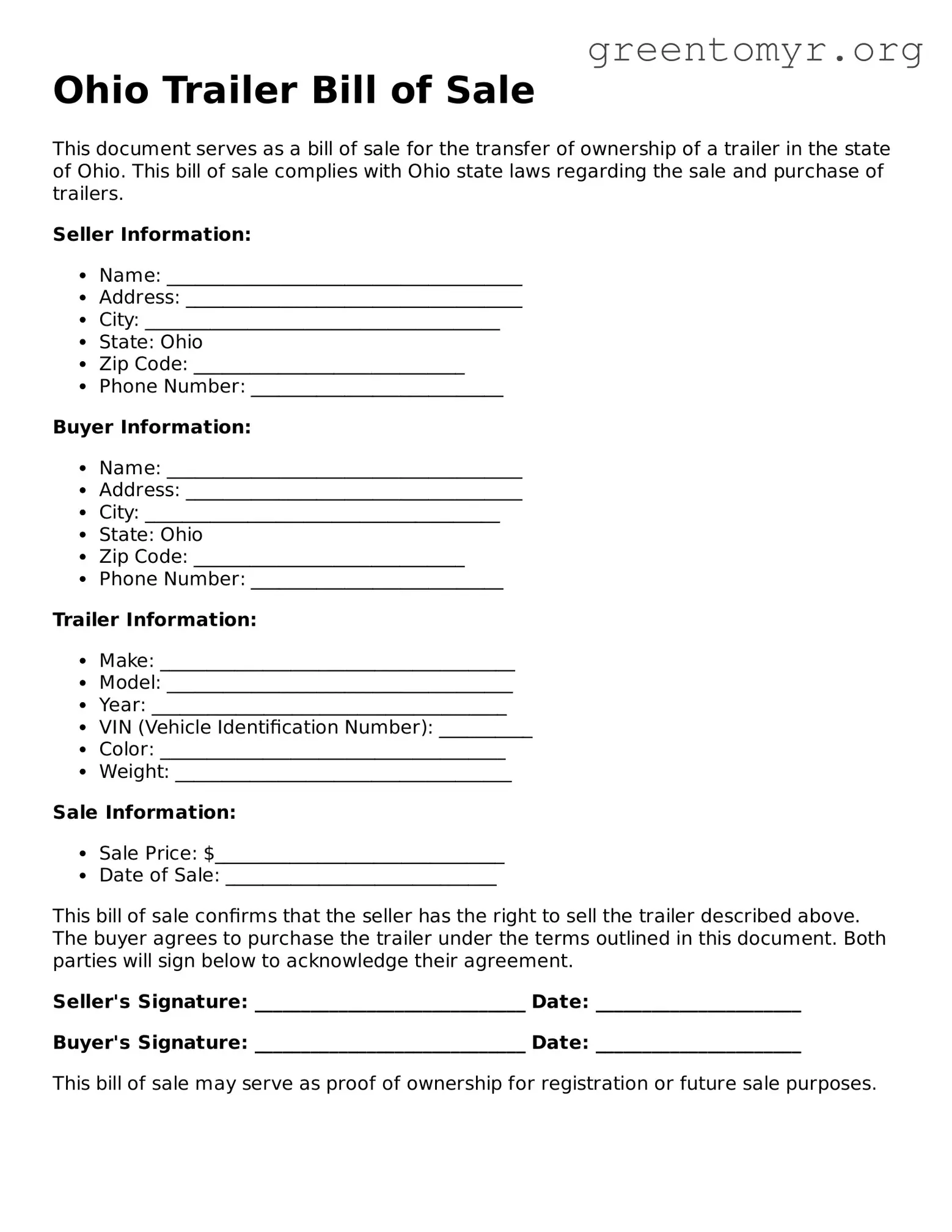 Trailer Bill of Sale Form for the State of Ohio