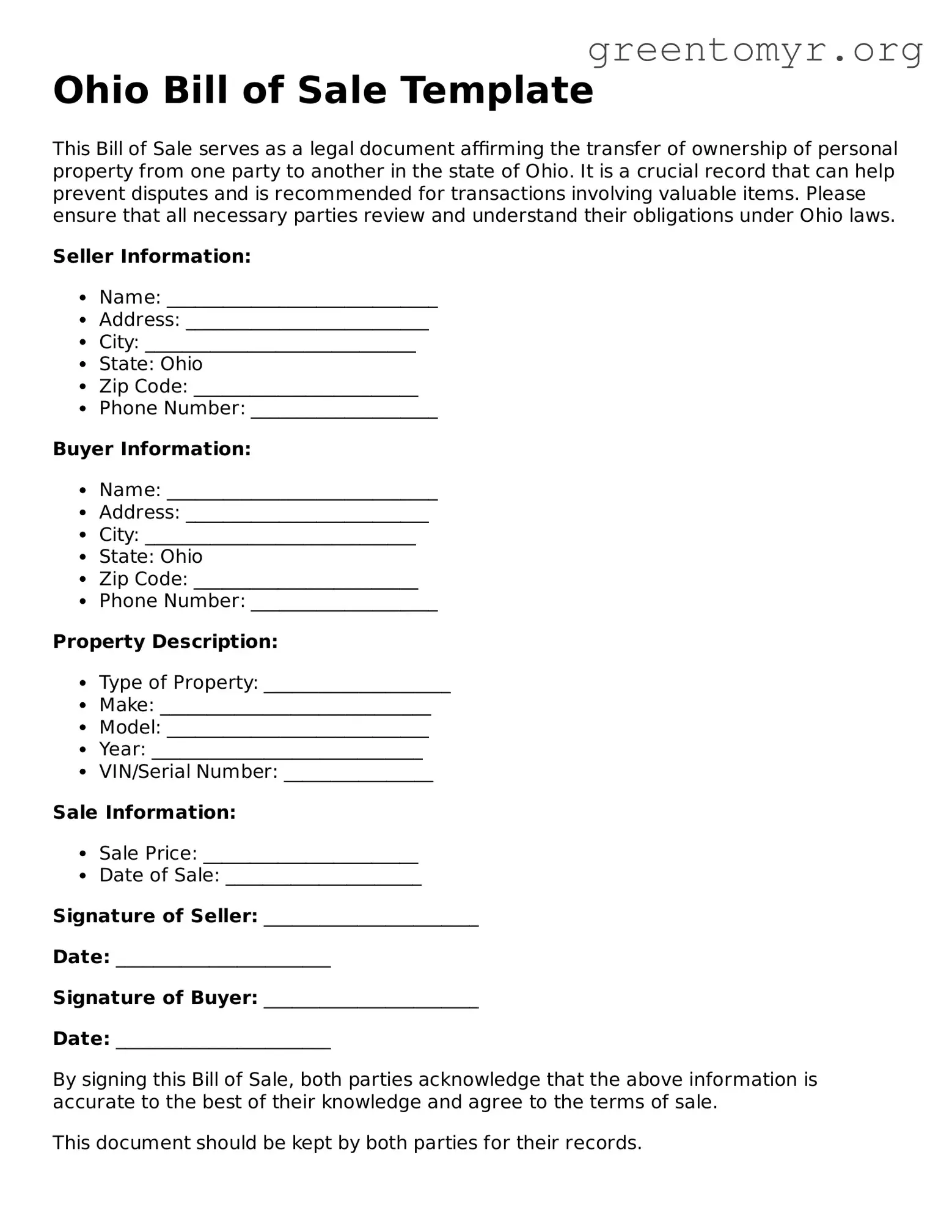 Bill of Sale Form for the State of Ohio