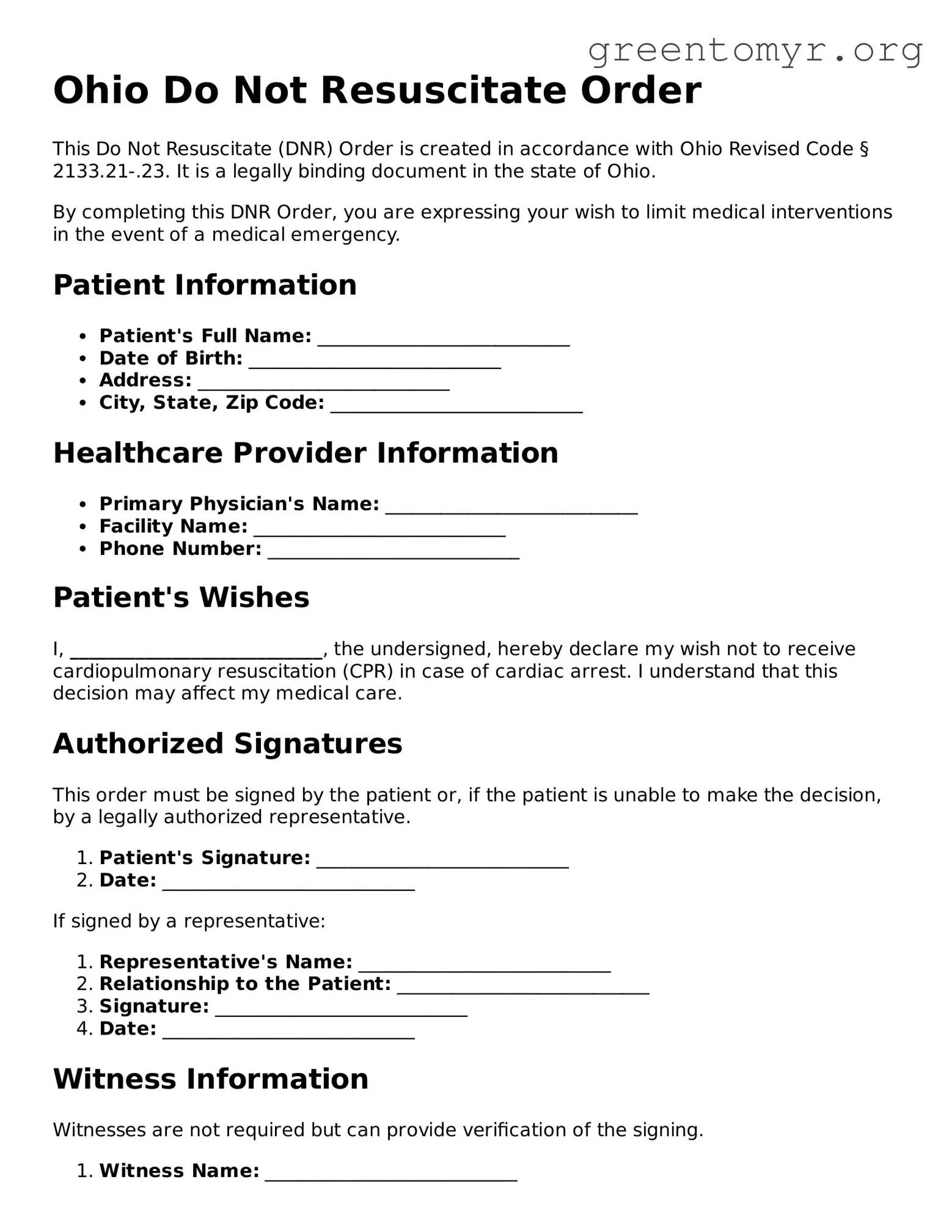 Do Not Resuscitate Order Form for the State of Ohio