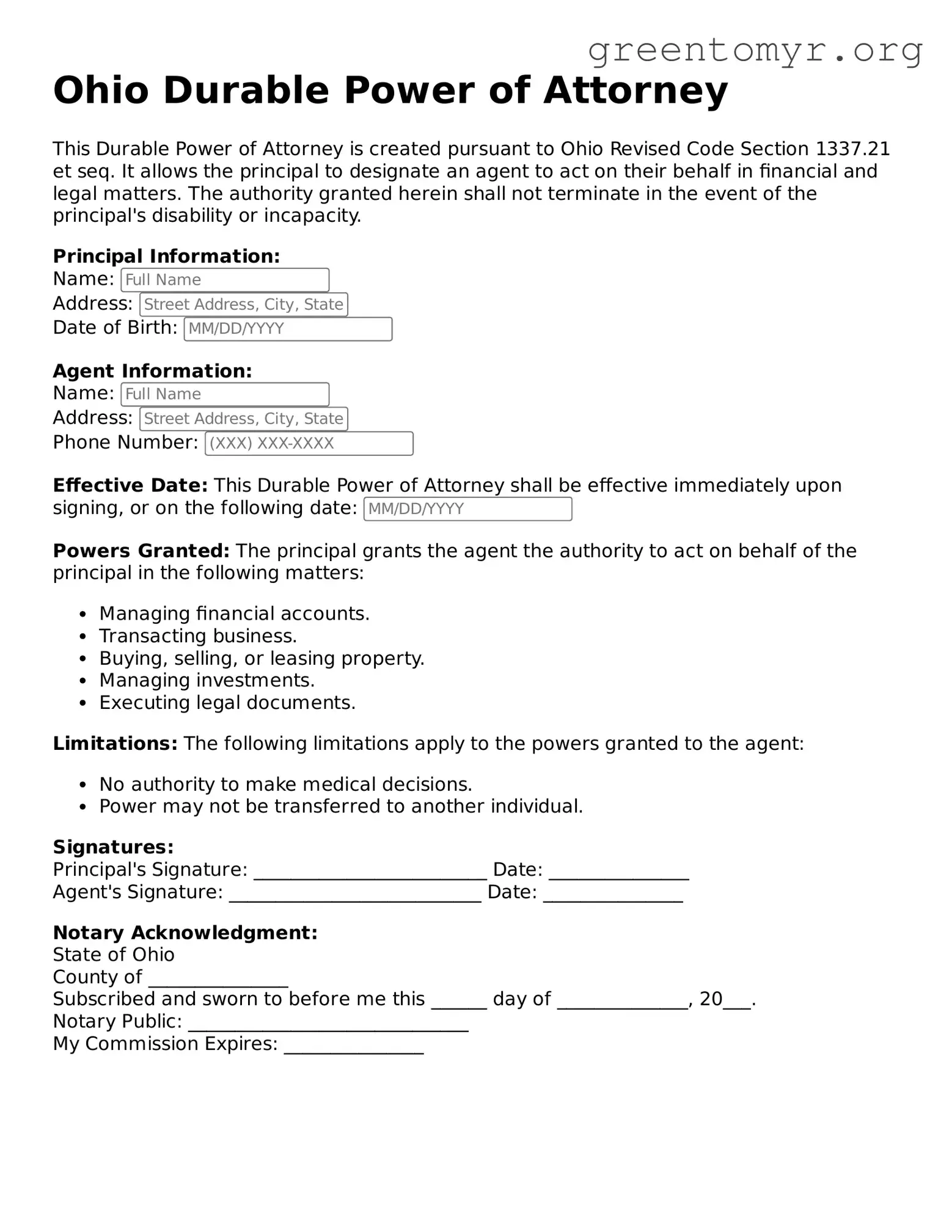 Durable Power of Attorney Form for the State of Ohio