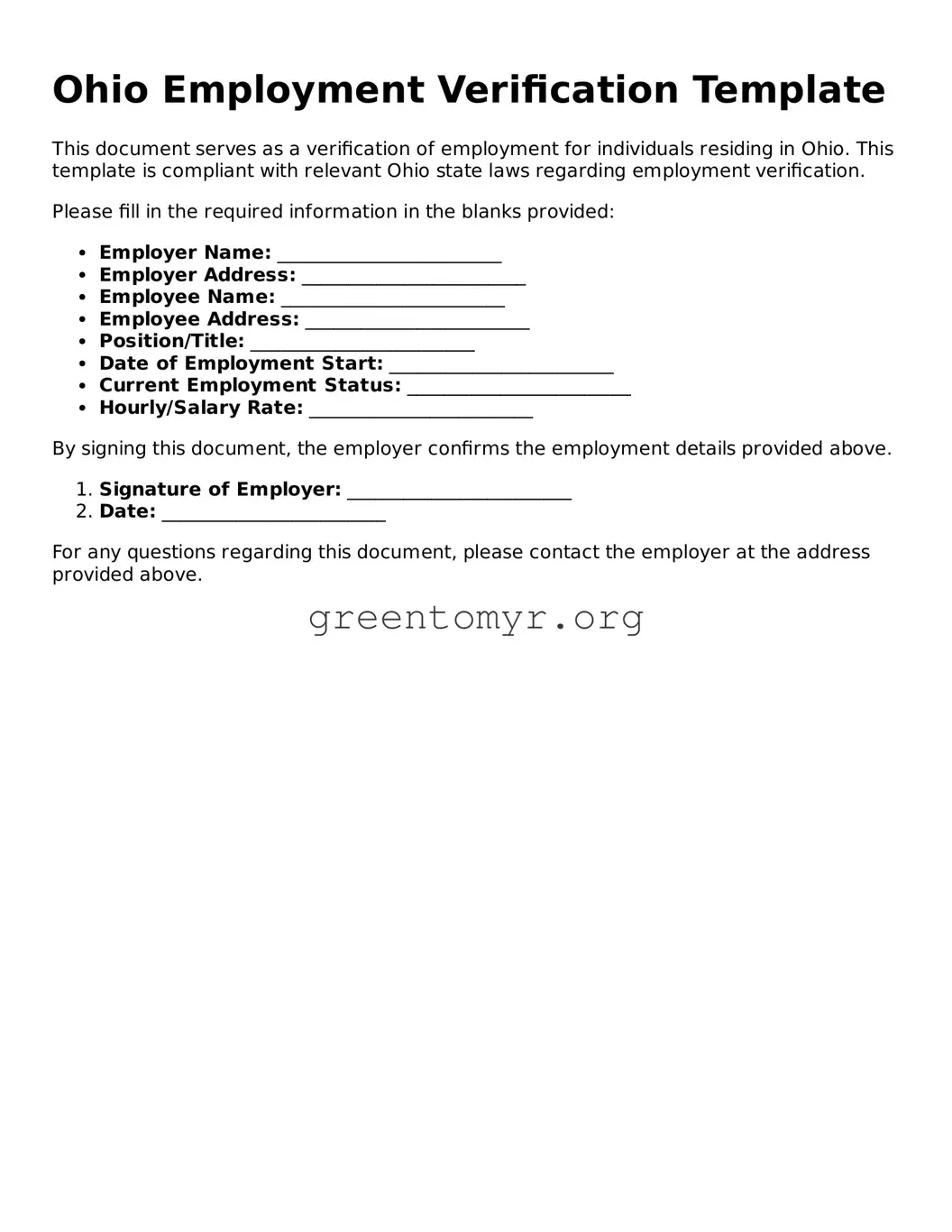 Employment Verification Form for the State of Ohio