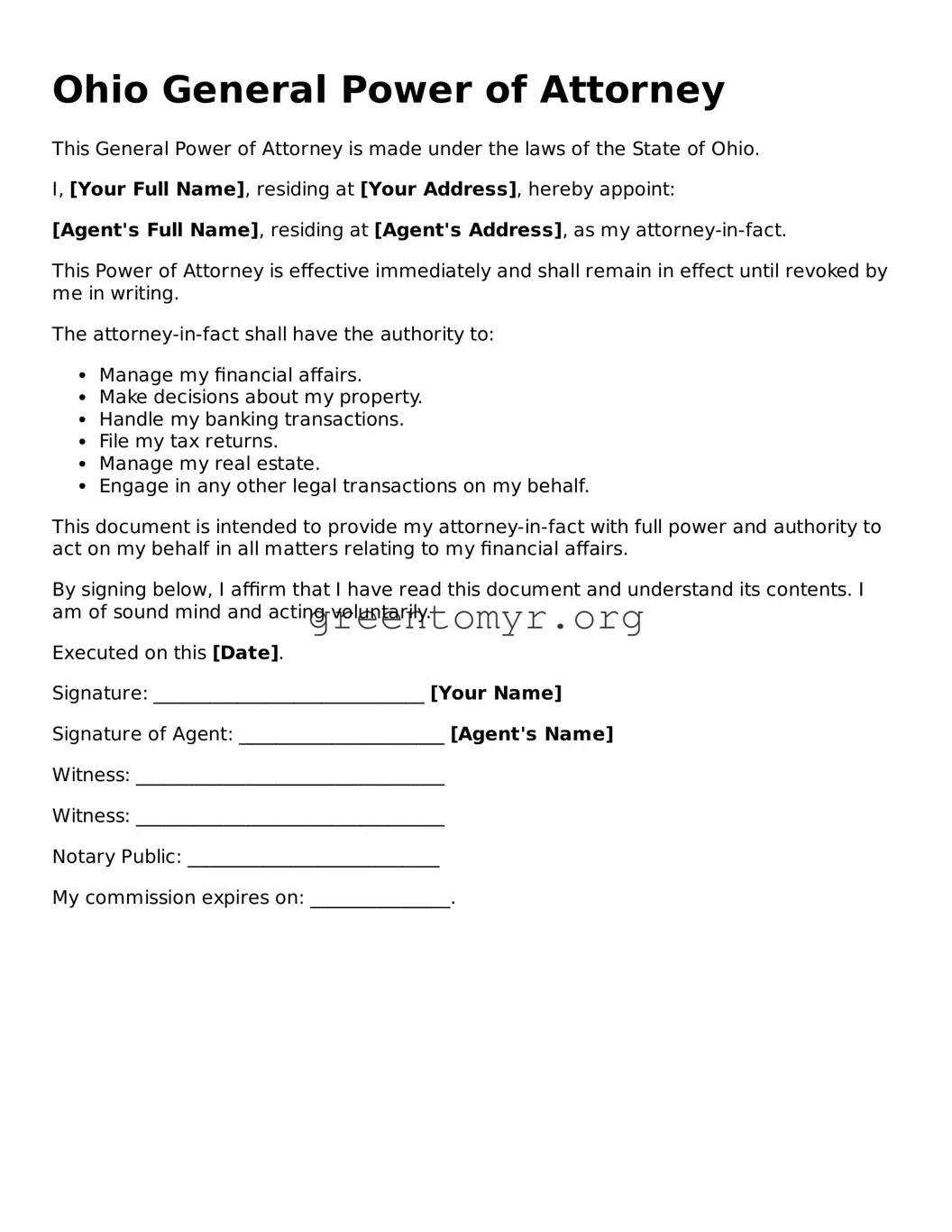 General Power of Attorney Form for the State of Ohio