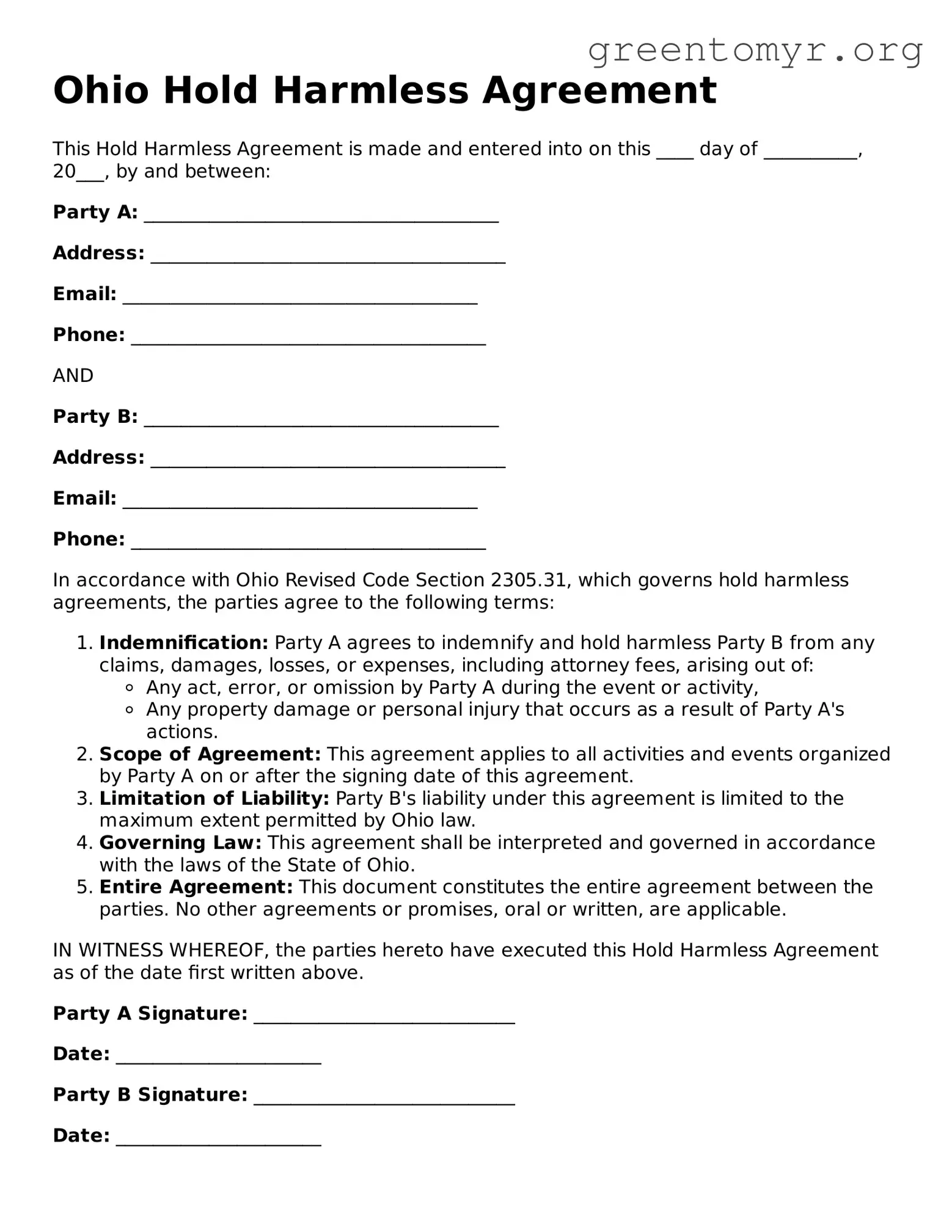 Hold Harmless Agreement Form for the State of Ohio
