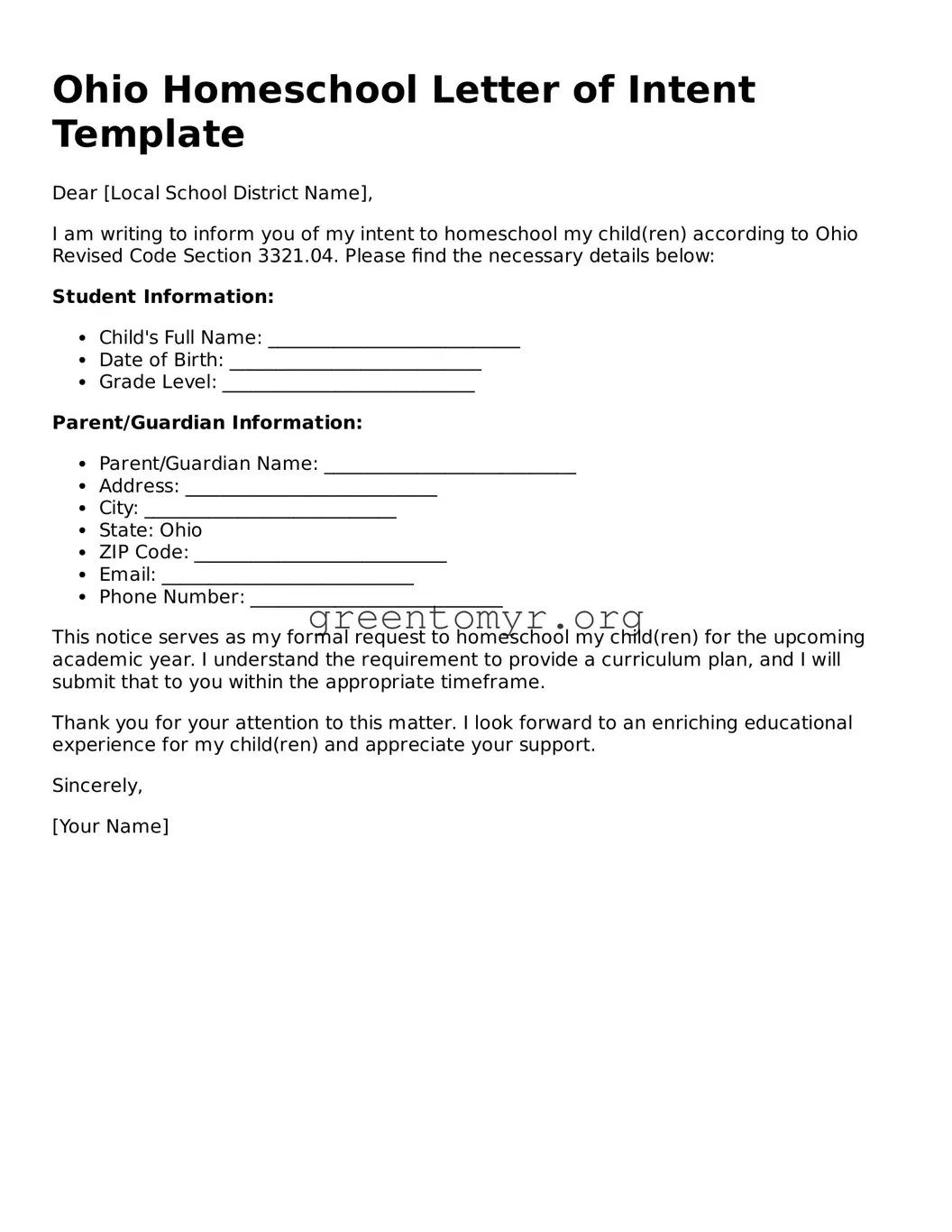 Homeschool Letter of Intent Form for the State of Ohio