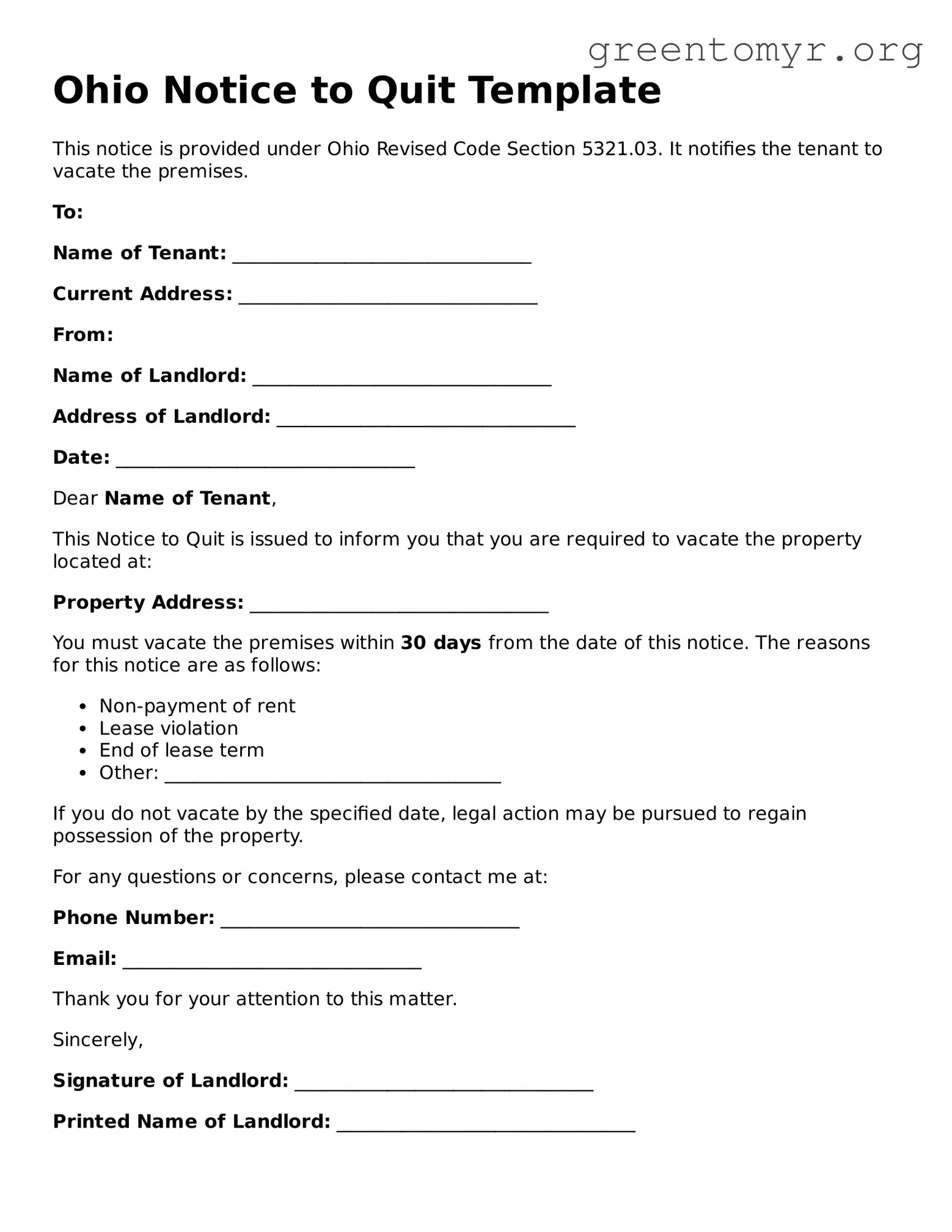Notice to Quit Form for the State of Ohio