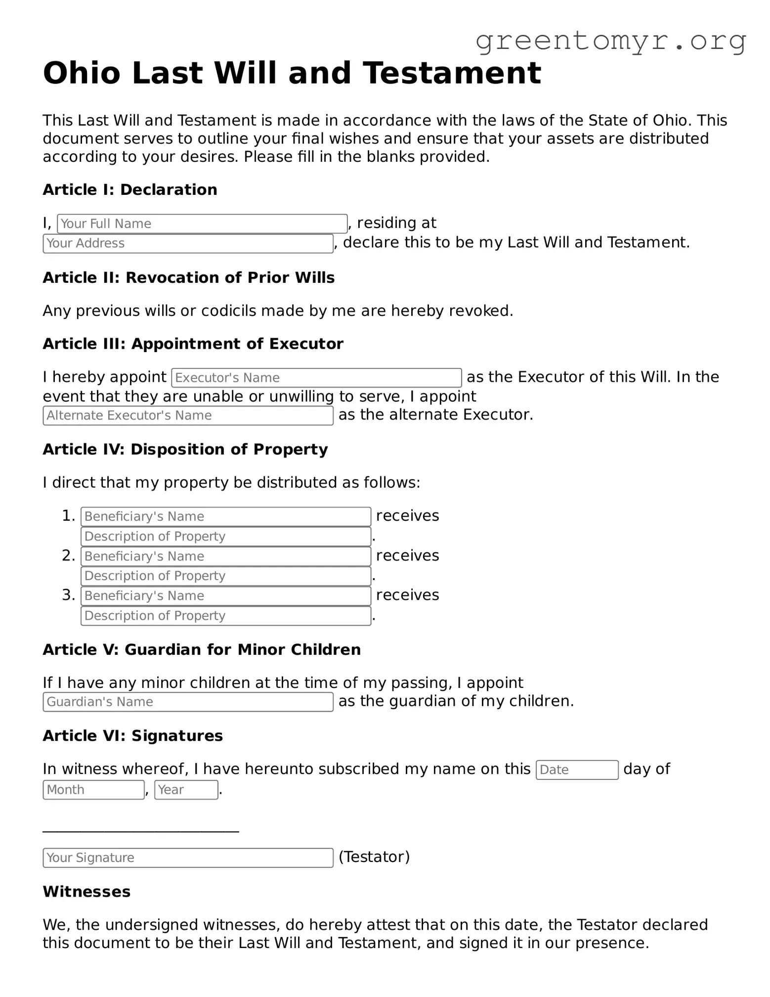 Last Will and Testament Form for the State of Ohio