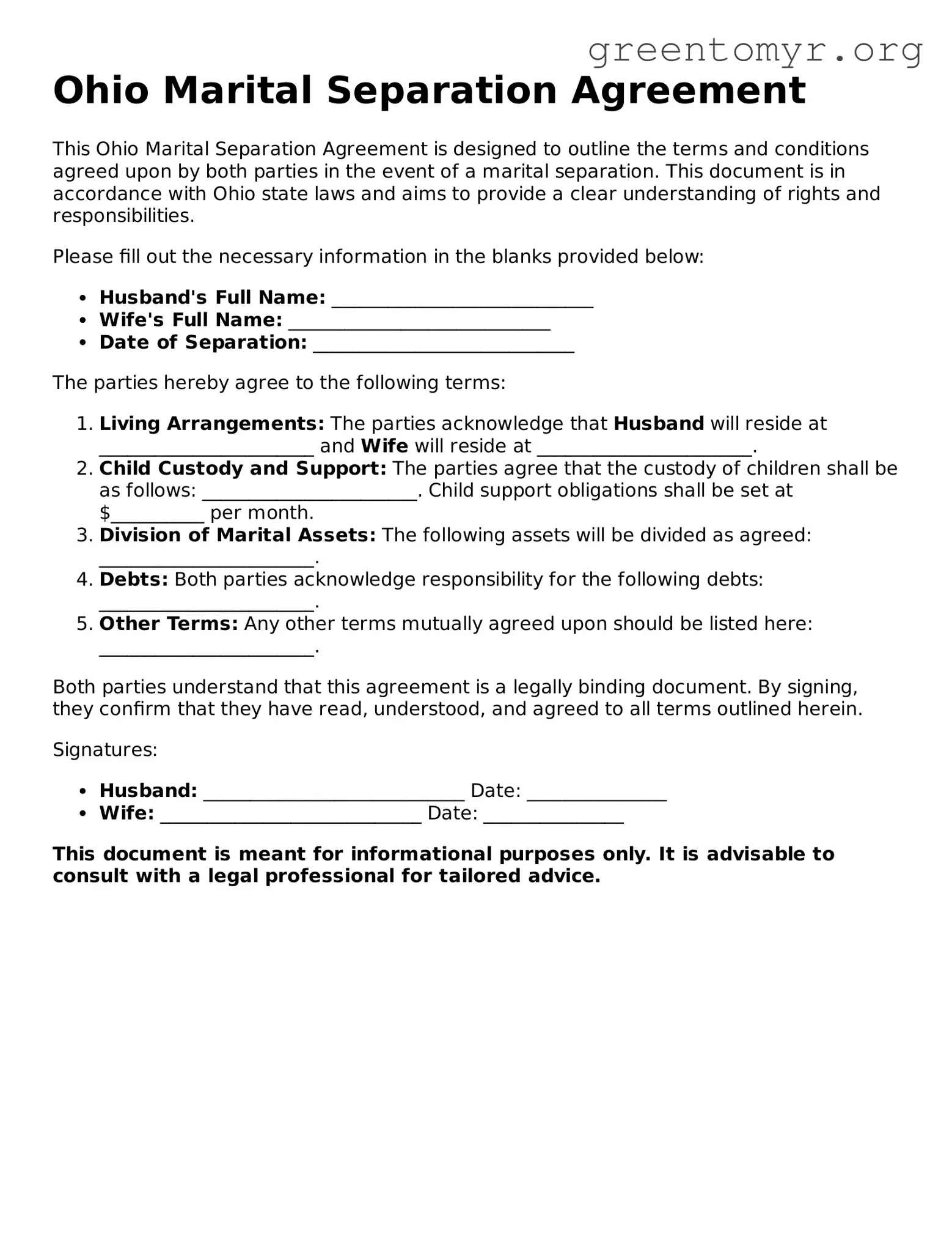 Marital Separation Agreement Form for the State of Ohio
