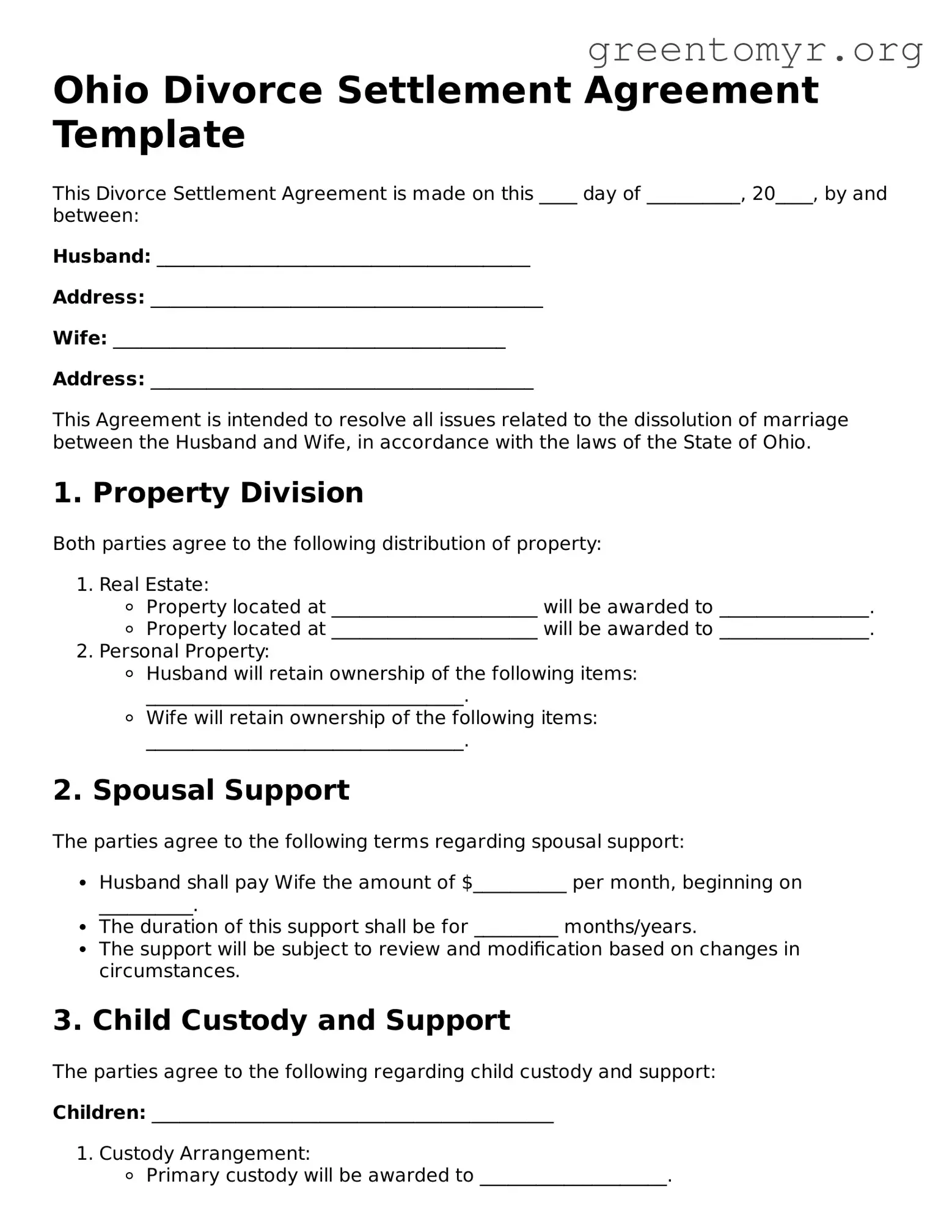 Divorce Settlement Agreement Form for the State of Ohio