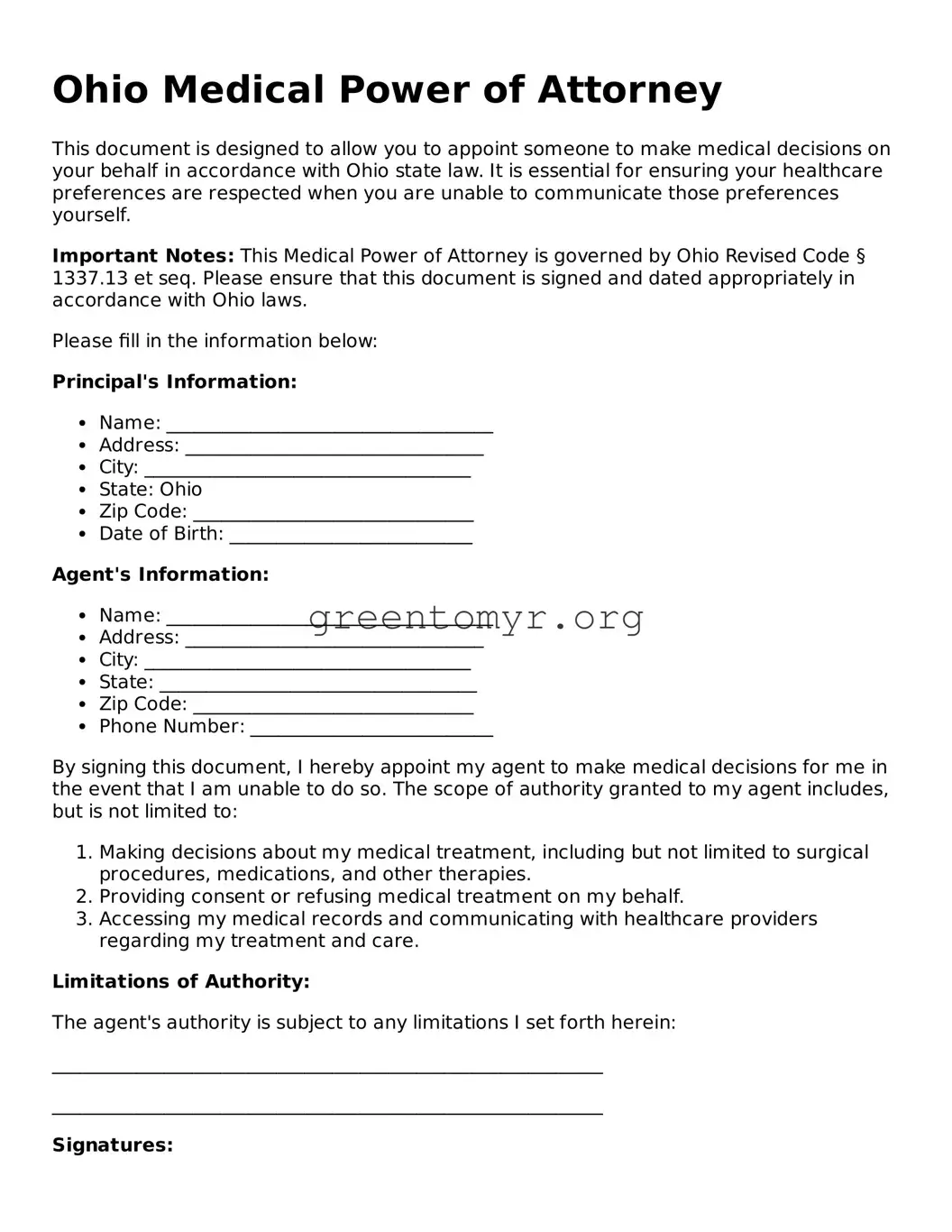 Medical Power of Attorney Form for the State of Ohio